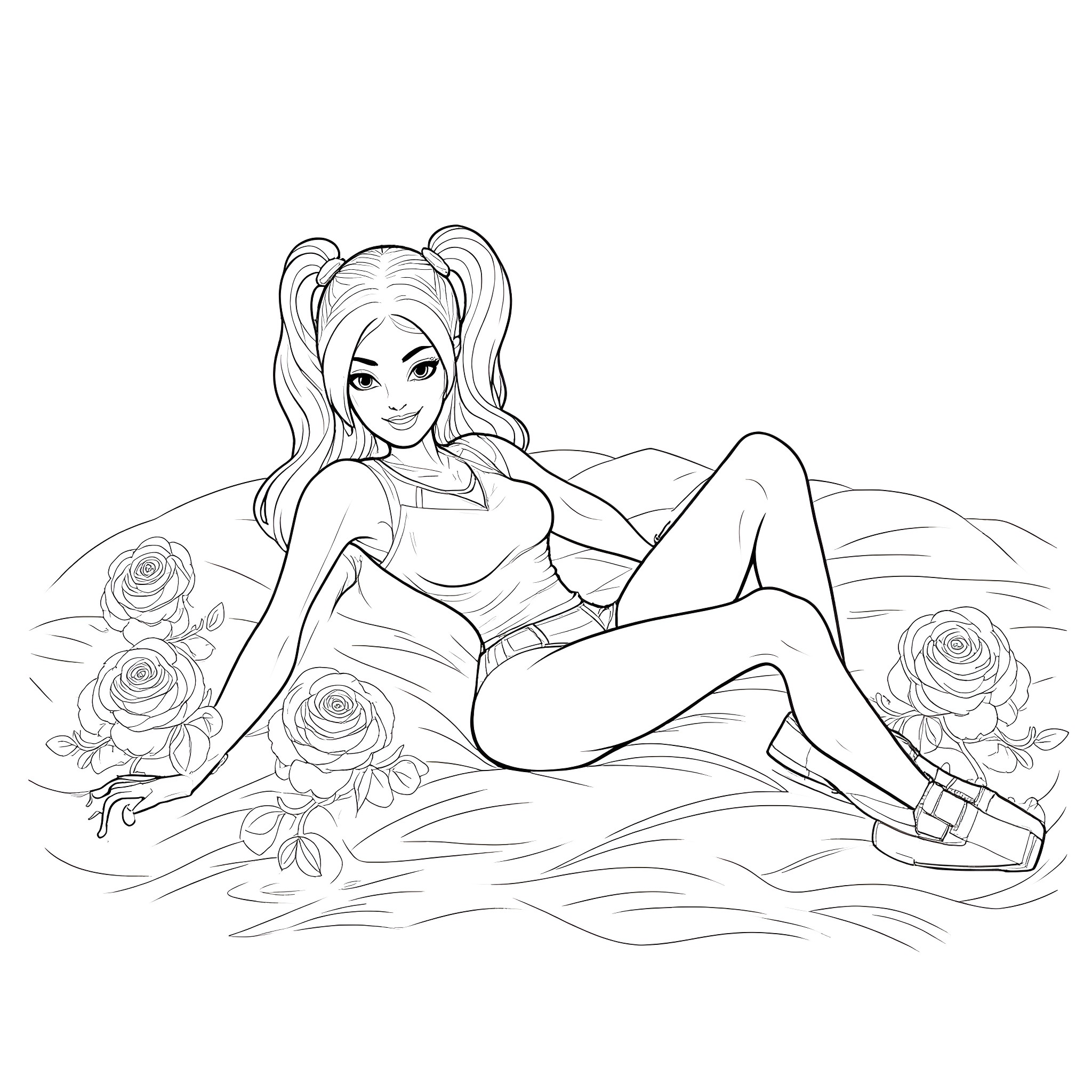 Harley Quinn's Relaxing Moment with Roses Coloring Page (free black-and-white line drawing printable PDF for all, from beginners to advanced learners, including children, teens, adults, and seniors)