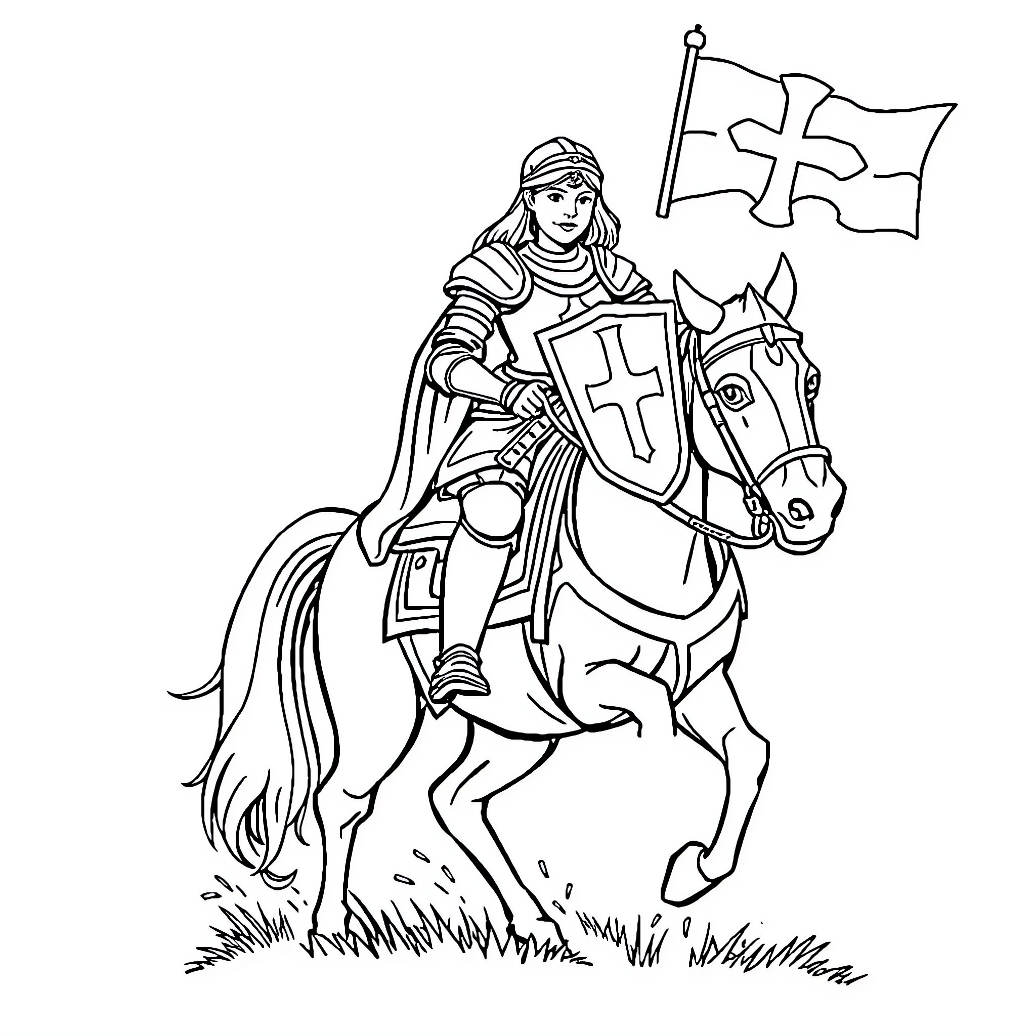 Joan Of Arc Riding Bravely on Horseback with Flag Coloring Page (free black-and-white line drawing printable PDF for all, from beginners to advanced learners, including children, teens, adults, and seniors)
