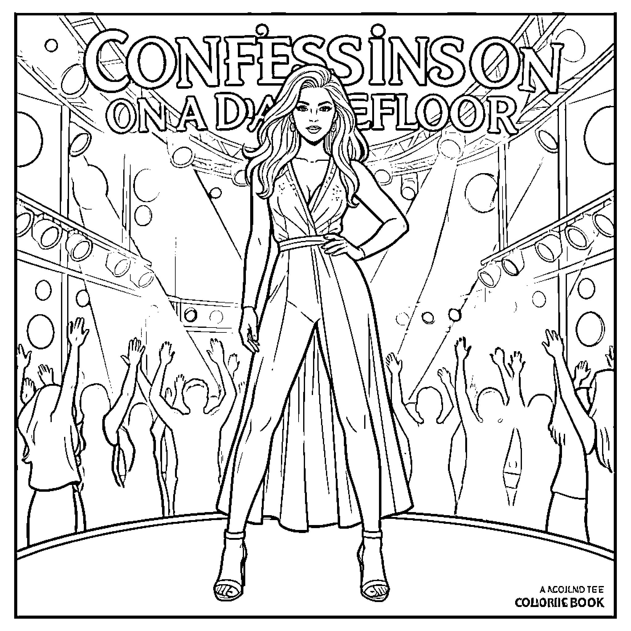 Madonna on a dance floor Coloring Page (free black-and-white line drawing printable PDF for all, from beginners to advanced learners, including children, teens, adults, and seniors)