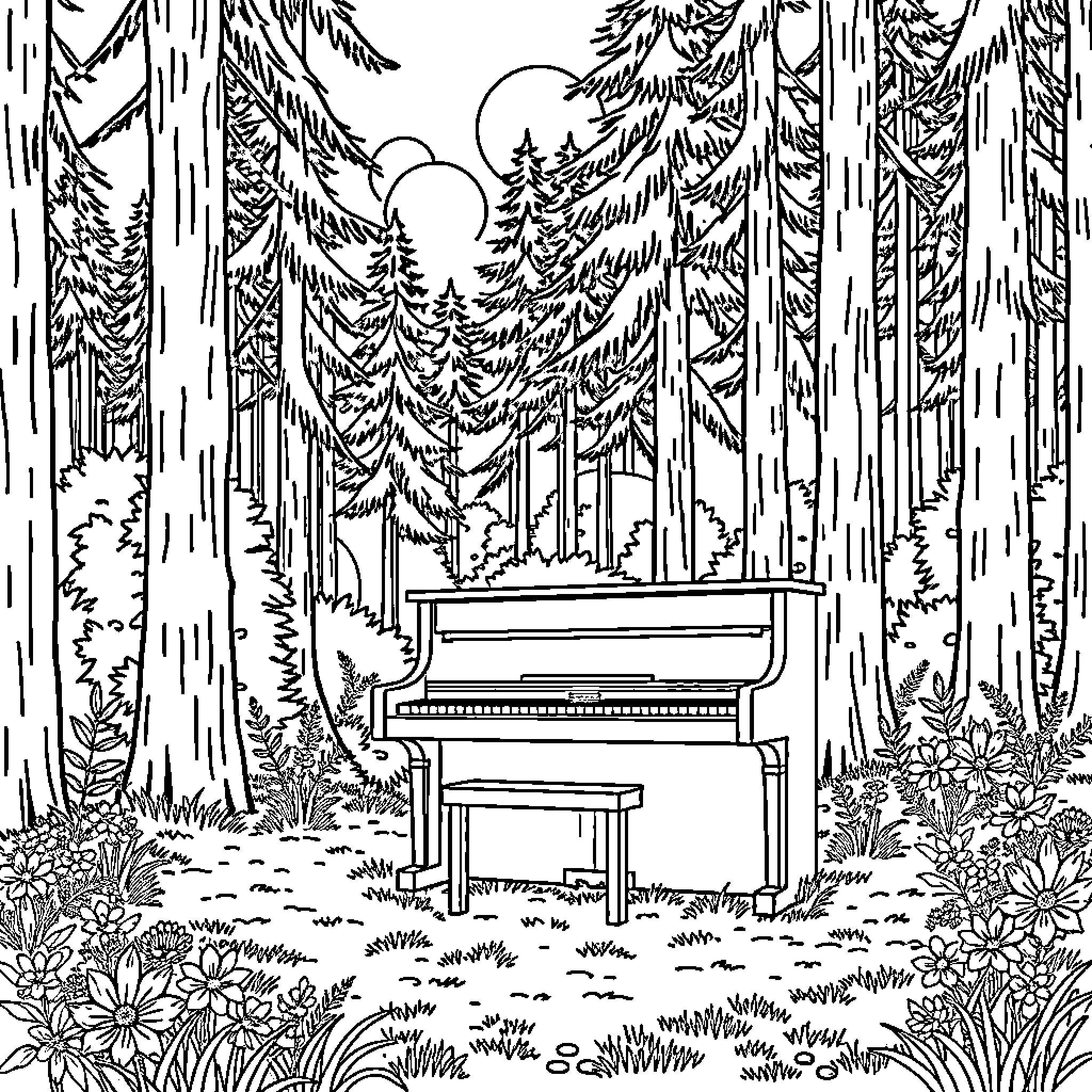 Piano in the Enchanted Forest Clearing Coloring Page (free black-and-white line drawing printable PDF for all, from beginners to advanced learners, including children, teens, adults, and seniors)