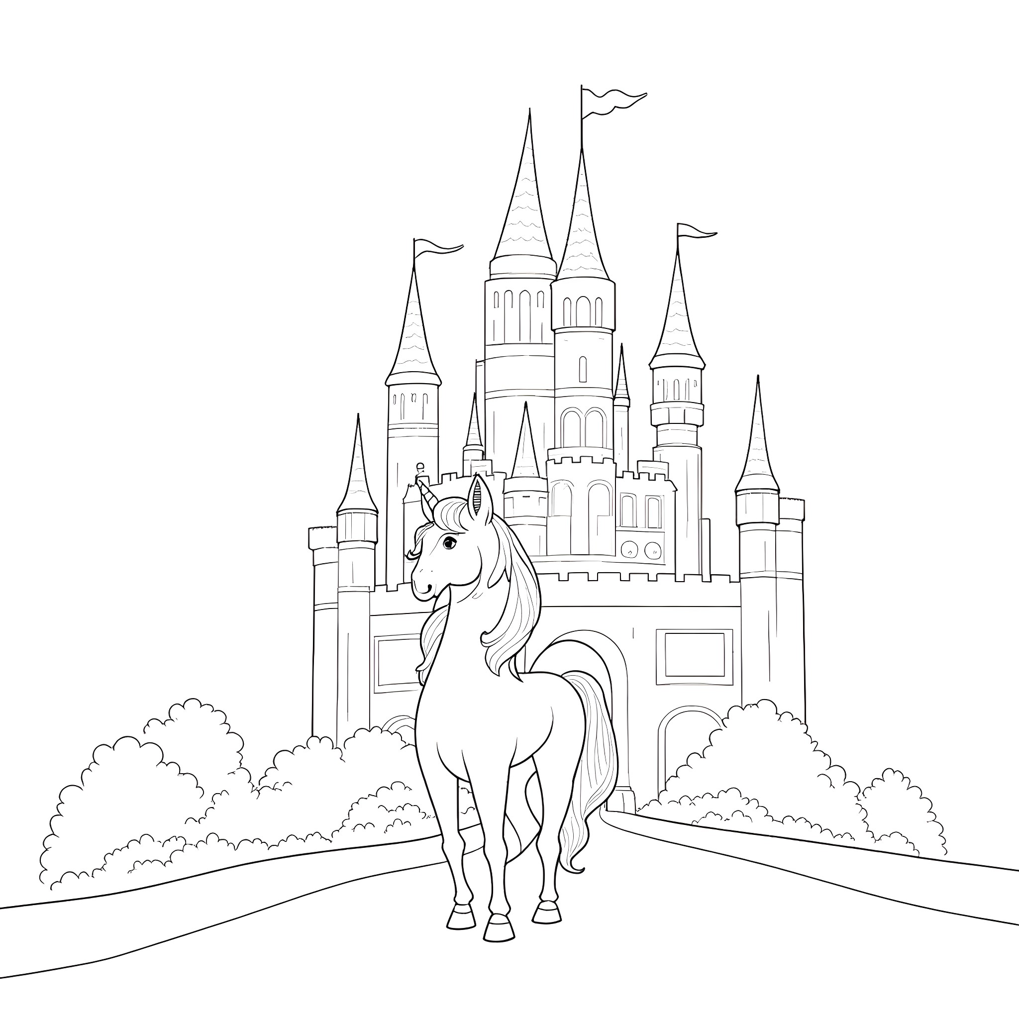 Unicorn standing in front of a magical castle Coloring Page (free black-and-white line drawing printable PDF for all, from beginners to advanced learners, including children, teens, adults, and seniors)