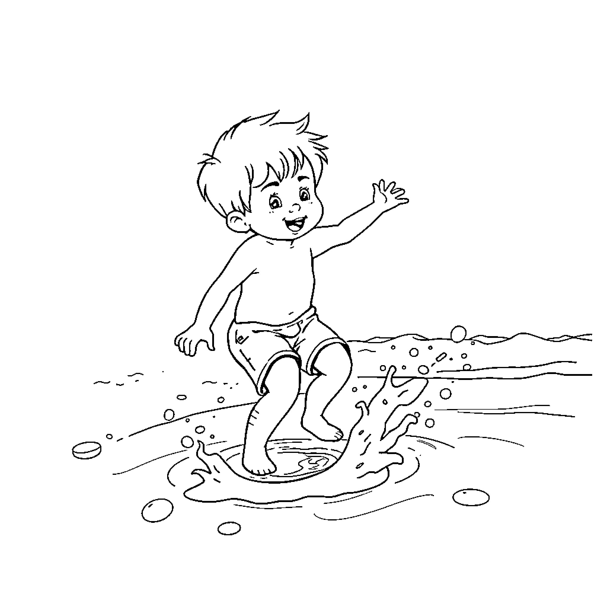 Child playing happily in the water Coloring Page (free black-and-white line drawing printable PDF for all, from beginners to advanced learners, including children, teens, adults, and seniors)