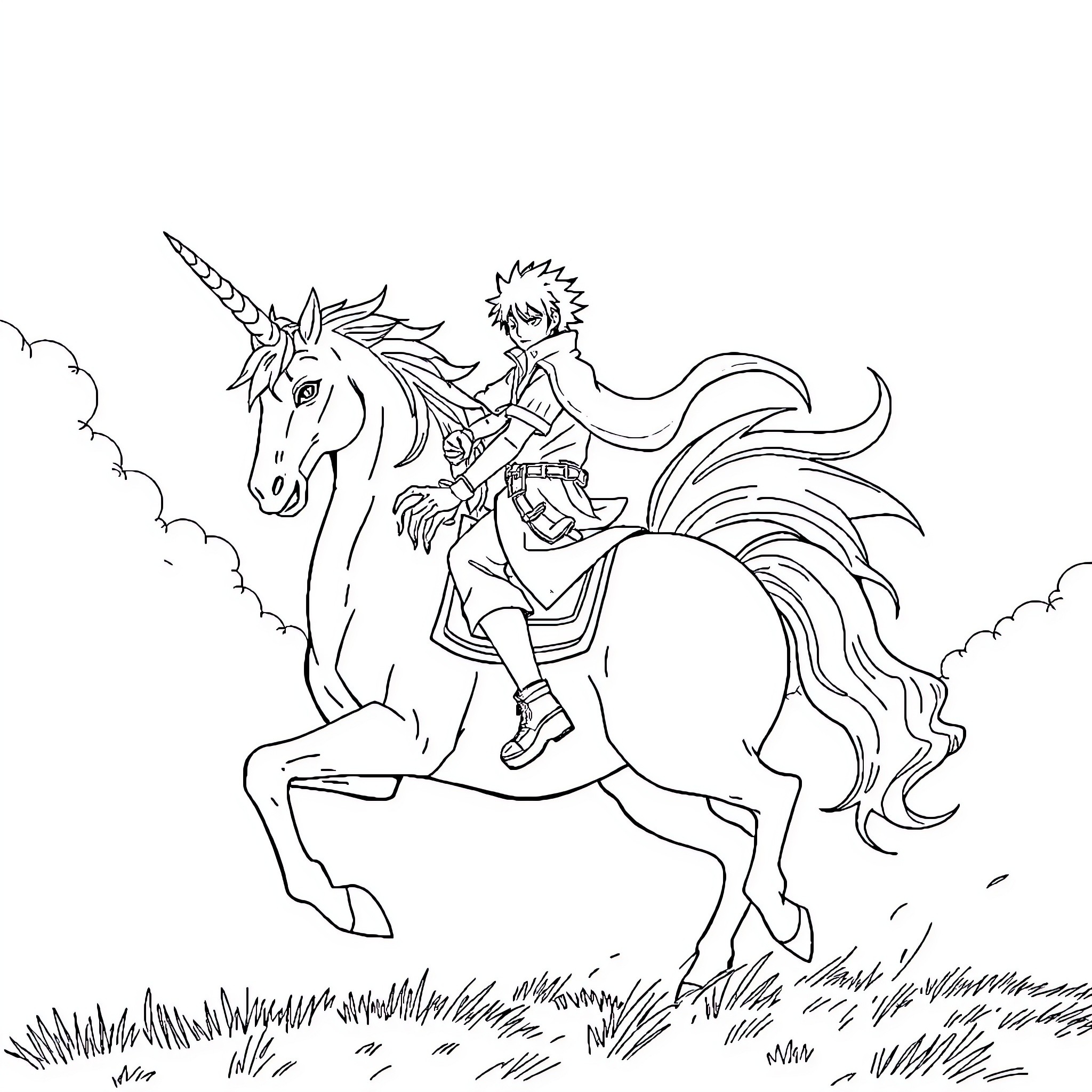 Sasuke riding a majestic unicorn through a fantastical landscape Coloring Page (free black-and-white line drawing printable PDF for all, from beginners to advanced learners, including children, teens, adults, and seniors)