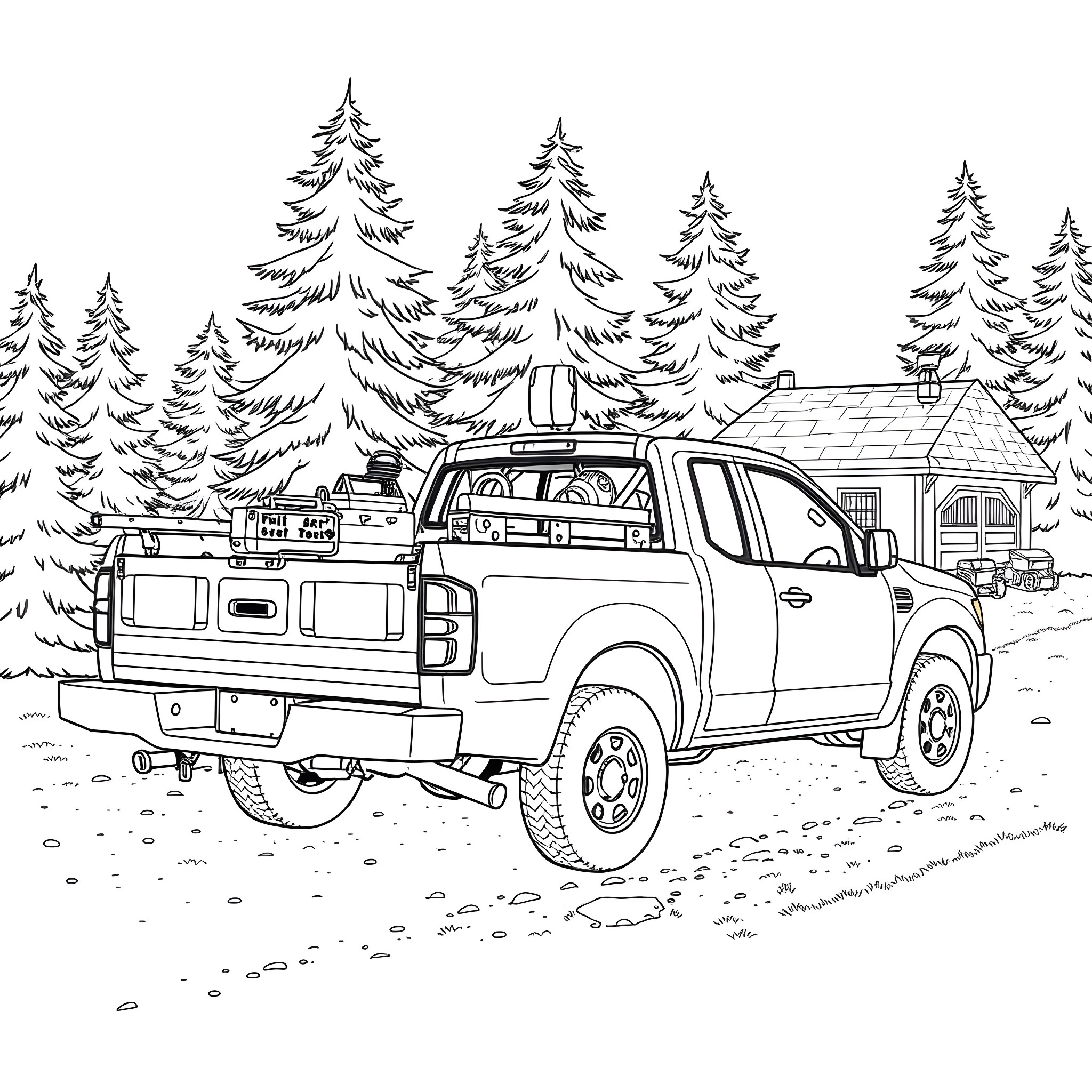 Pickup truck in the snowy forest landscape Coloring Page (free black-and-white line drawing printable PDF for all, from beginners to advanced learners, including children, teens, adults, and seniors)