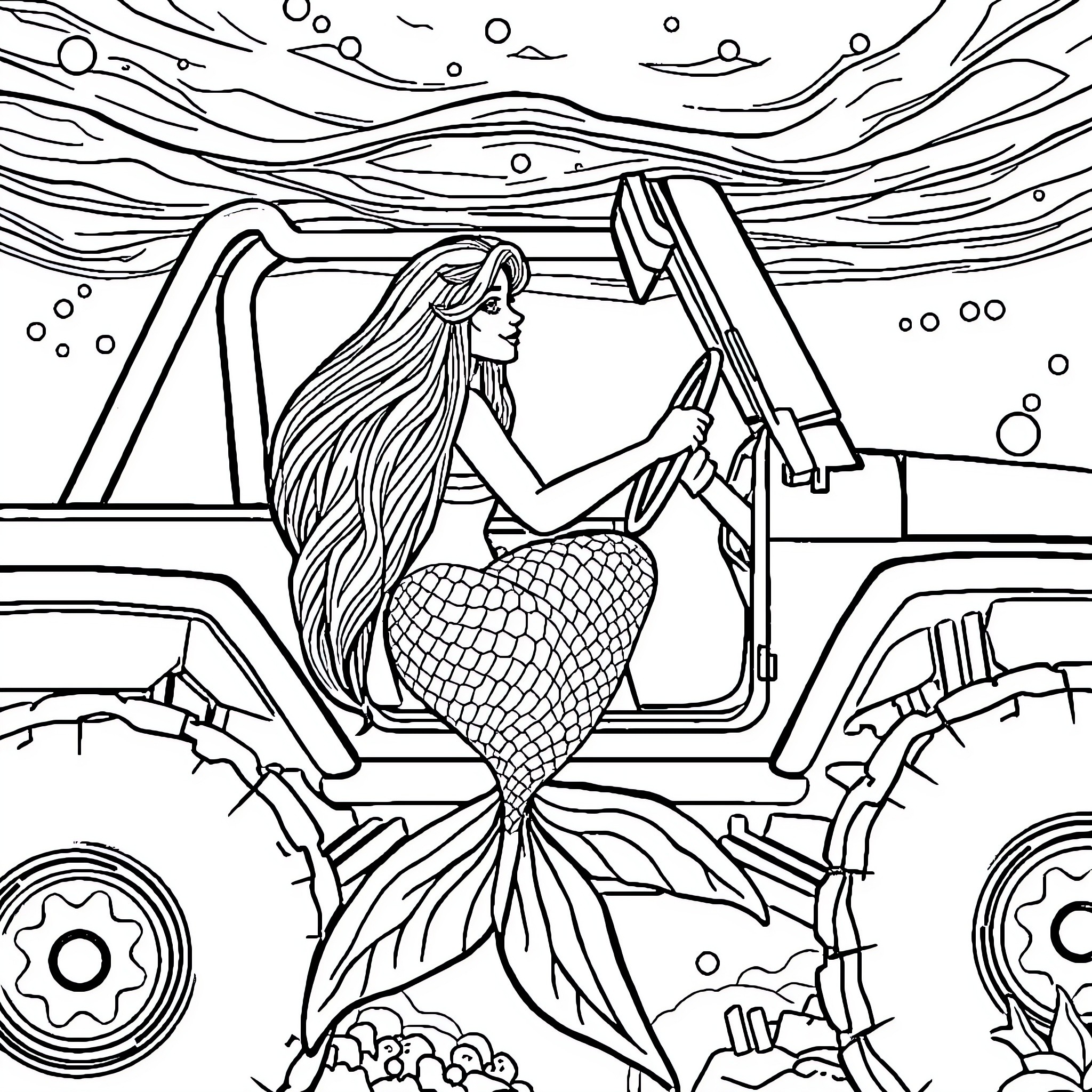 Mermaid exploring the underwater world Coloring Page (free black-and-white line drawing printable PDF for all, from beginners to advanced learners, including children, teens, adults, and seniors)