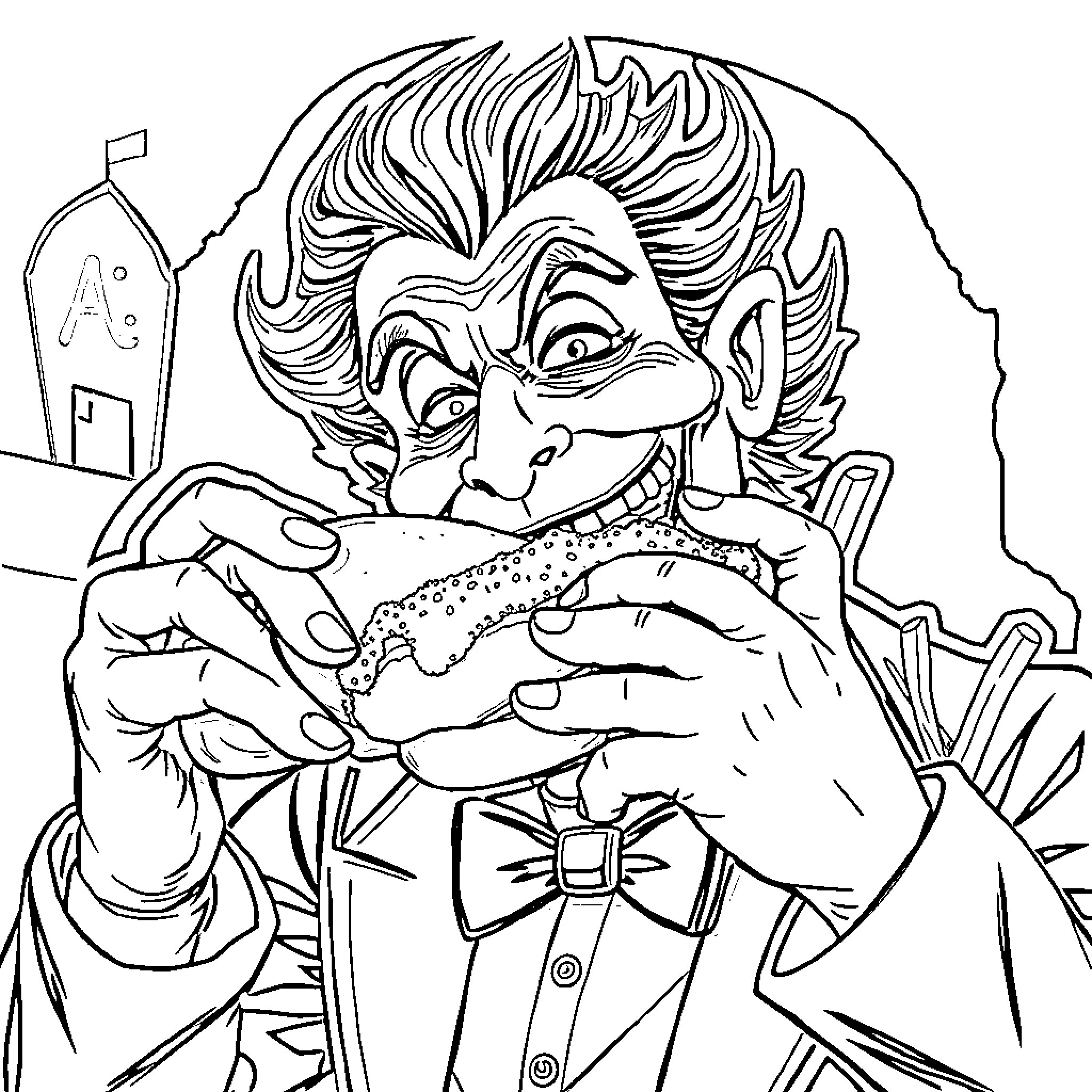 Dr. Frankenfurter's Mischievous Delight Coloring Page (free black-and-white line drawing printable PDF for all, from beginners to advanced learners, including children, teens, adults, and seniors)
