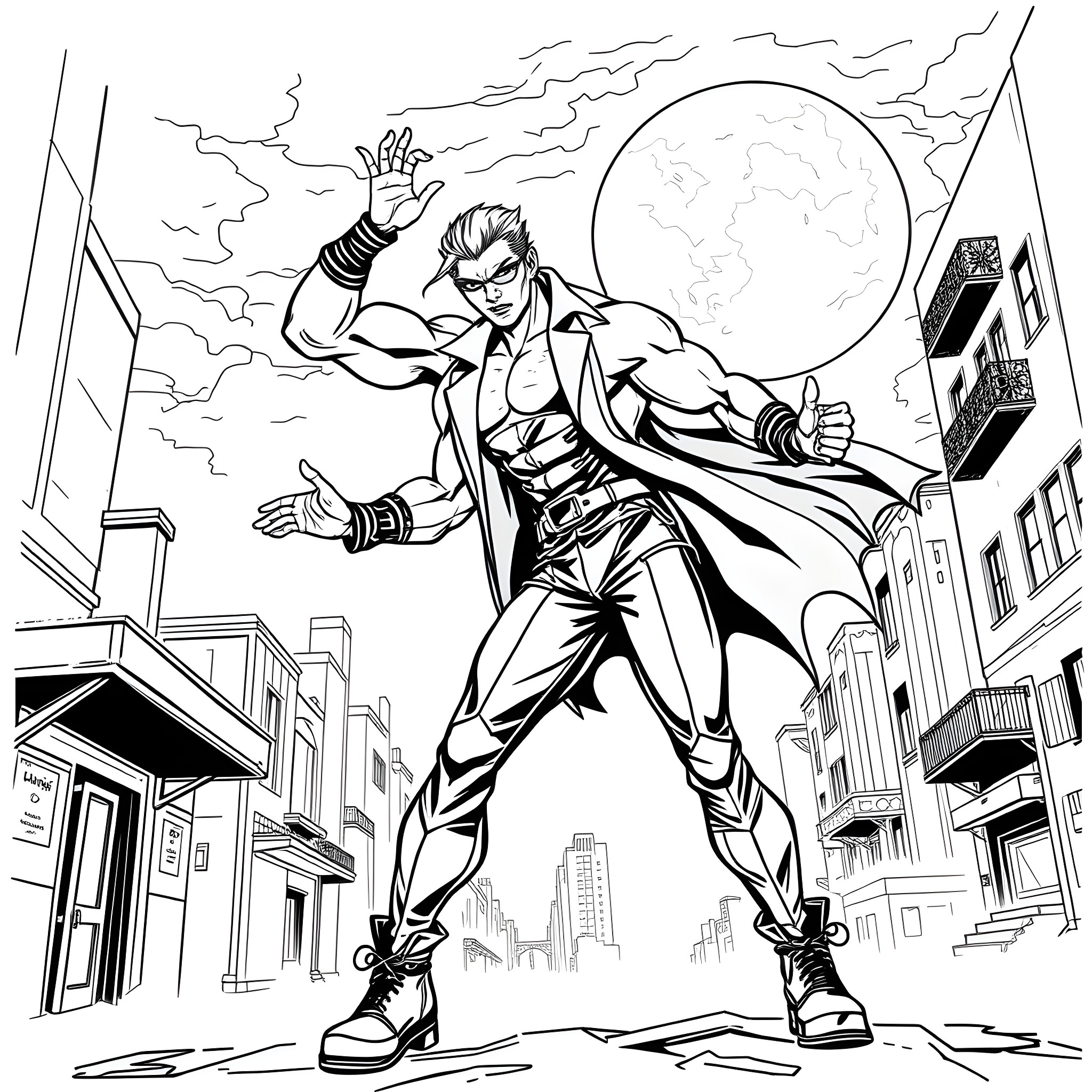 Mommy's Superhero Protector Soaring over the City Coloring Page (free black-and-white line drawing printable PDF for all, from beginners to advanced learners, including children, teens, adults, and seniors)