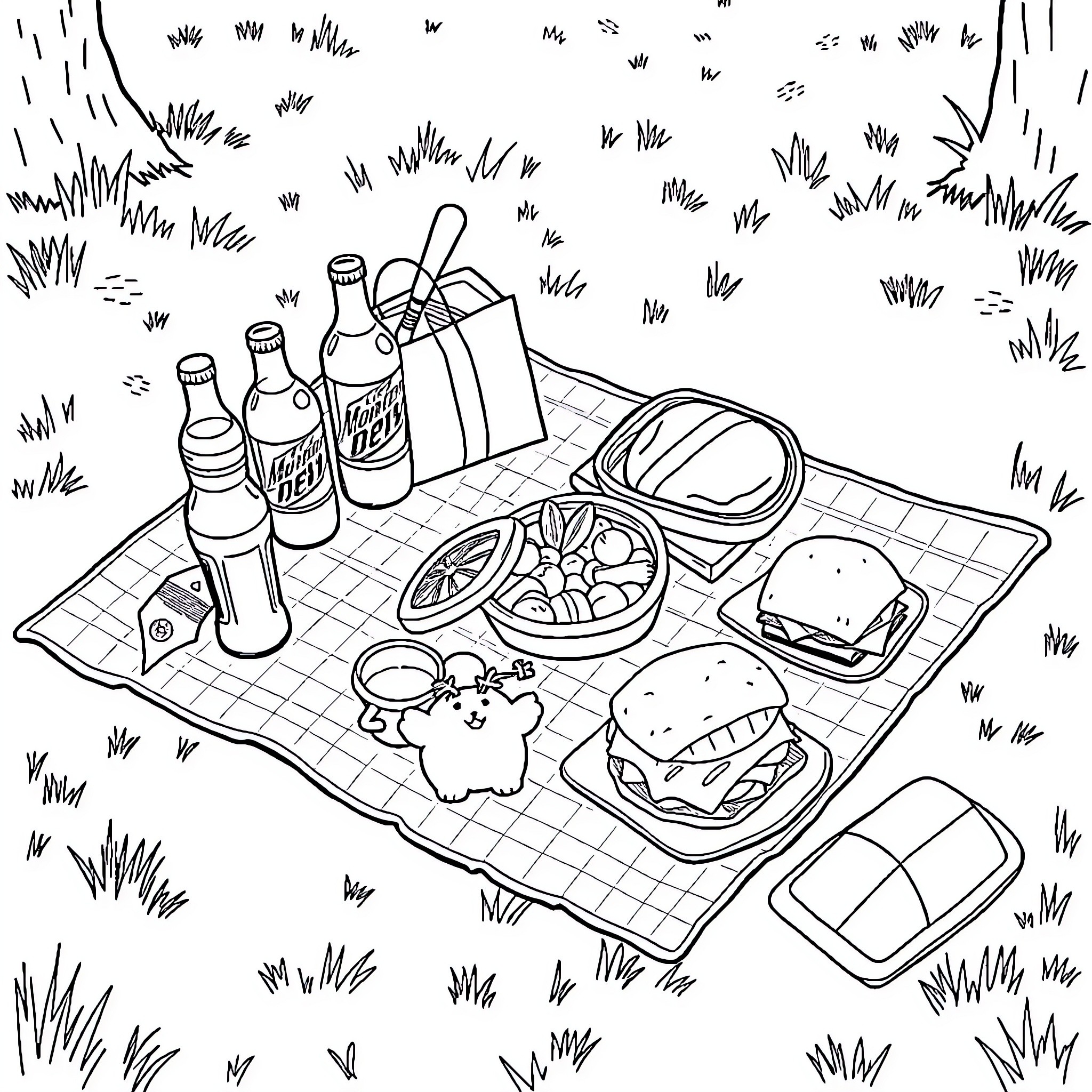 Picnic at the Park with Tasty Treats Coloring Page (free black-and-white line drawing printable PDF for all, from beginners to advanced learners, including children, teens, adults, and seniors)