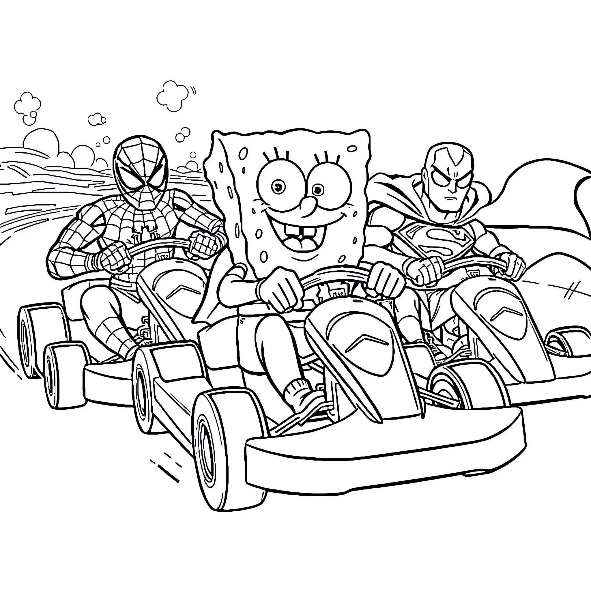 Superhero Characters Racing in Go-Karts Coloring Page (free black-and-white line drawing printable PDF for all, from beginners to advanced learners, including children, teens, adults, and seniors)