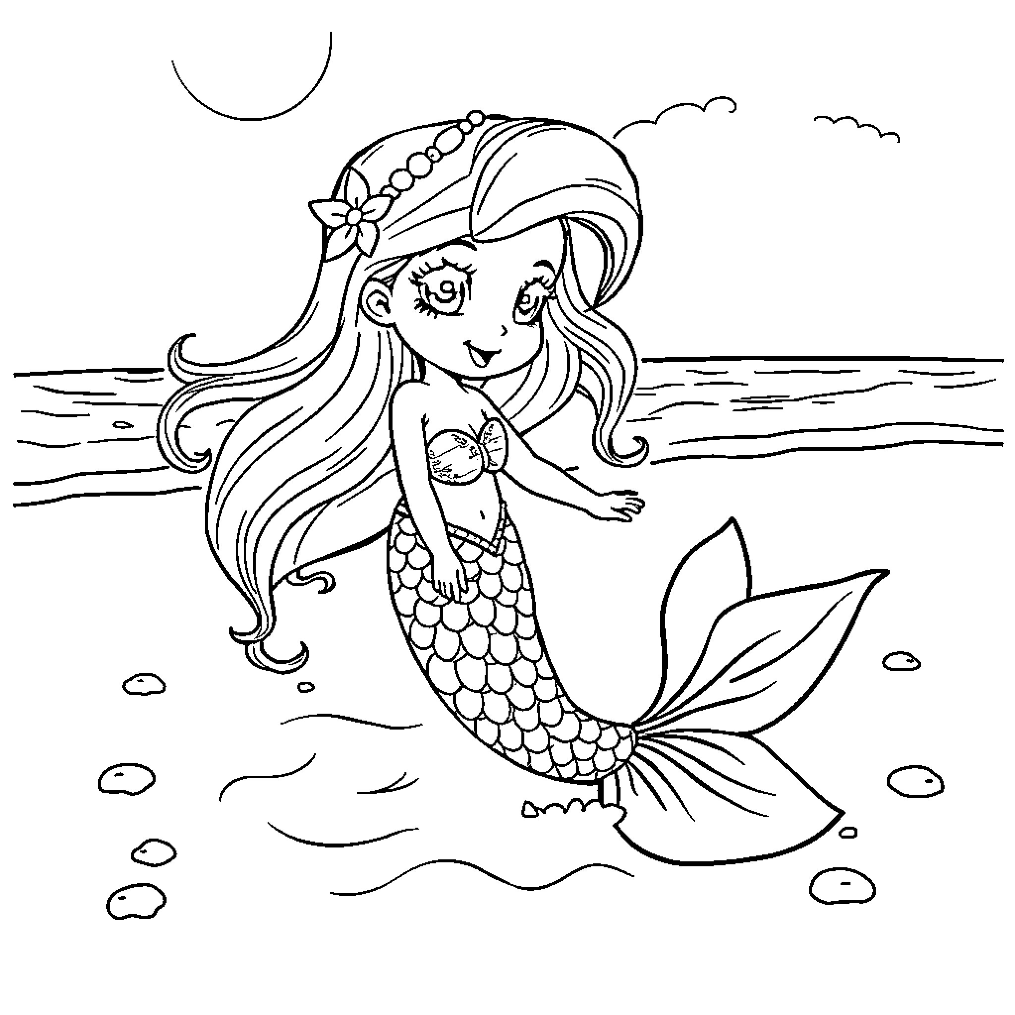 Bluey the Mermaid Swimming in the Sea Coloring Page (free black-and-white line drawing printable PDF for all, from beginners to advanced learners, including children, teens, adults, and seniors)