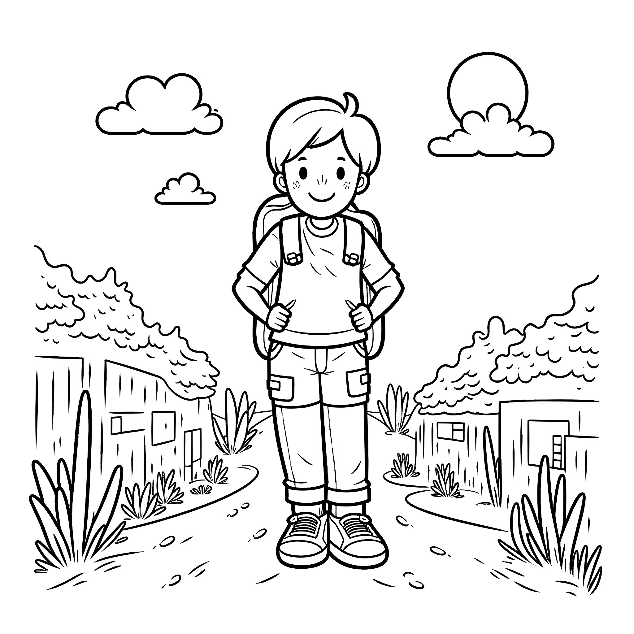 Boy explores the outdoors with backpack and excitement Coloring Page (free black-and-white line drawing printable PDF for all, from beginners to advanced learners, including children, teens, adults, and seniors)