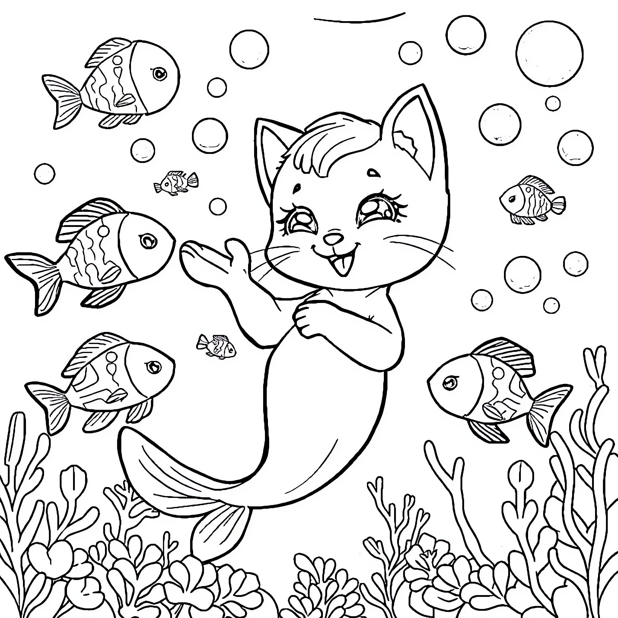 Mercat playing joyfully with underwater creatures Coloring Page (free black-and-white line drawing printable PDF for all, from beginners to advanced learners, including children, teens, adults, and seniors)