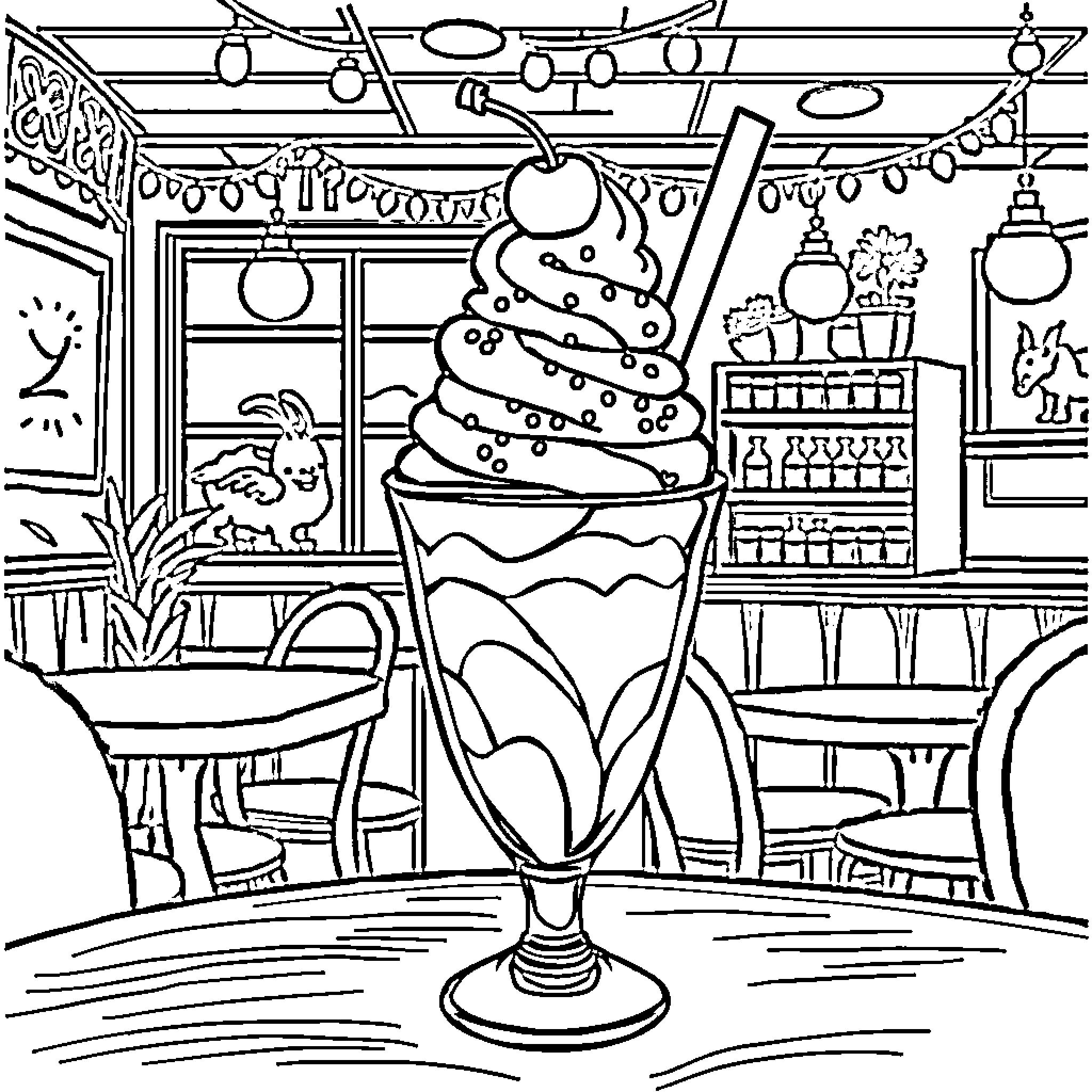 Sundae Delight in Festive Cafe Coloring Page (free black-and-white line drawing printable PDF for all, from beginners to advanced learners, including children, teens, adults, and seniors)