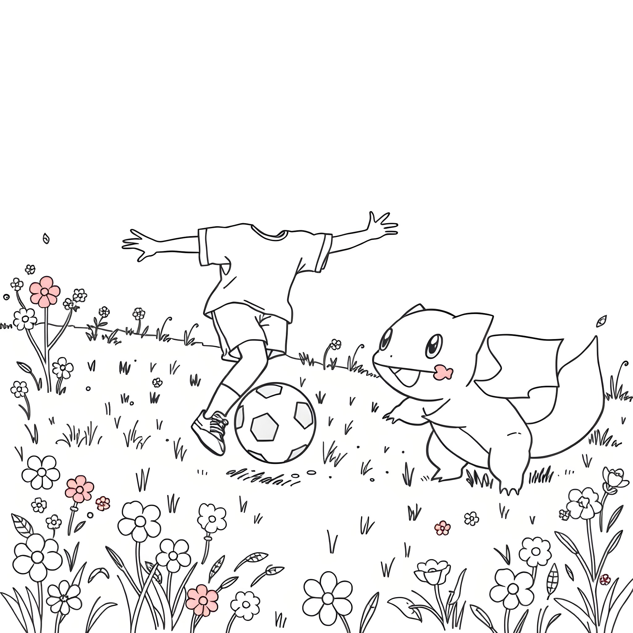 Bulbasaur playing soccer in a field of flowers Coloring Page (free black-and-white line drawing printable PDF for all, from beginners to advanced learners, including children, teens, adults, and seniors)
