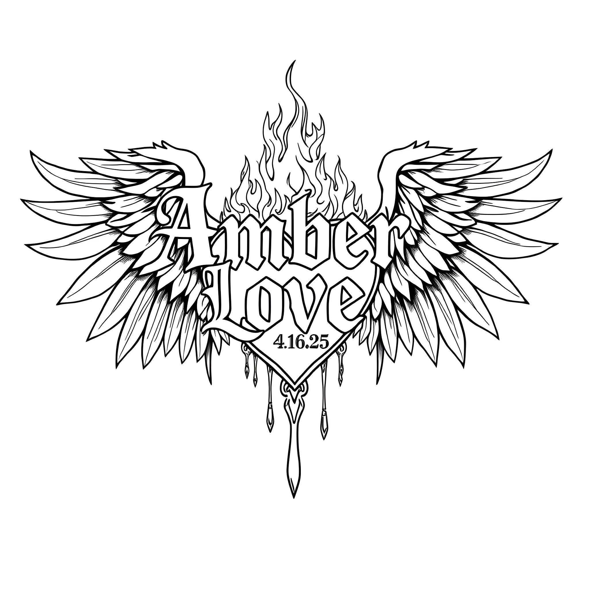 Heart of Eternal Flame and Winged Grace Coloring Page (free black-and-white line drawing printable PDF for all, from beginners to advanced learners, including children, teens, adults, and seniors)