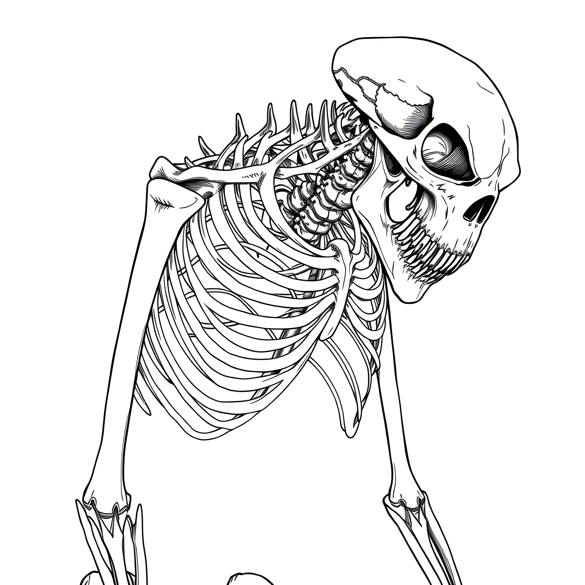 Wendigo skeleton in distorted pose Coloring Page (free black-and-white line drawing printable PDF for all, from beginners to advanced learners, including children, teens, adults, and seniors)