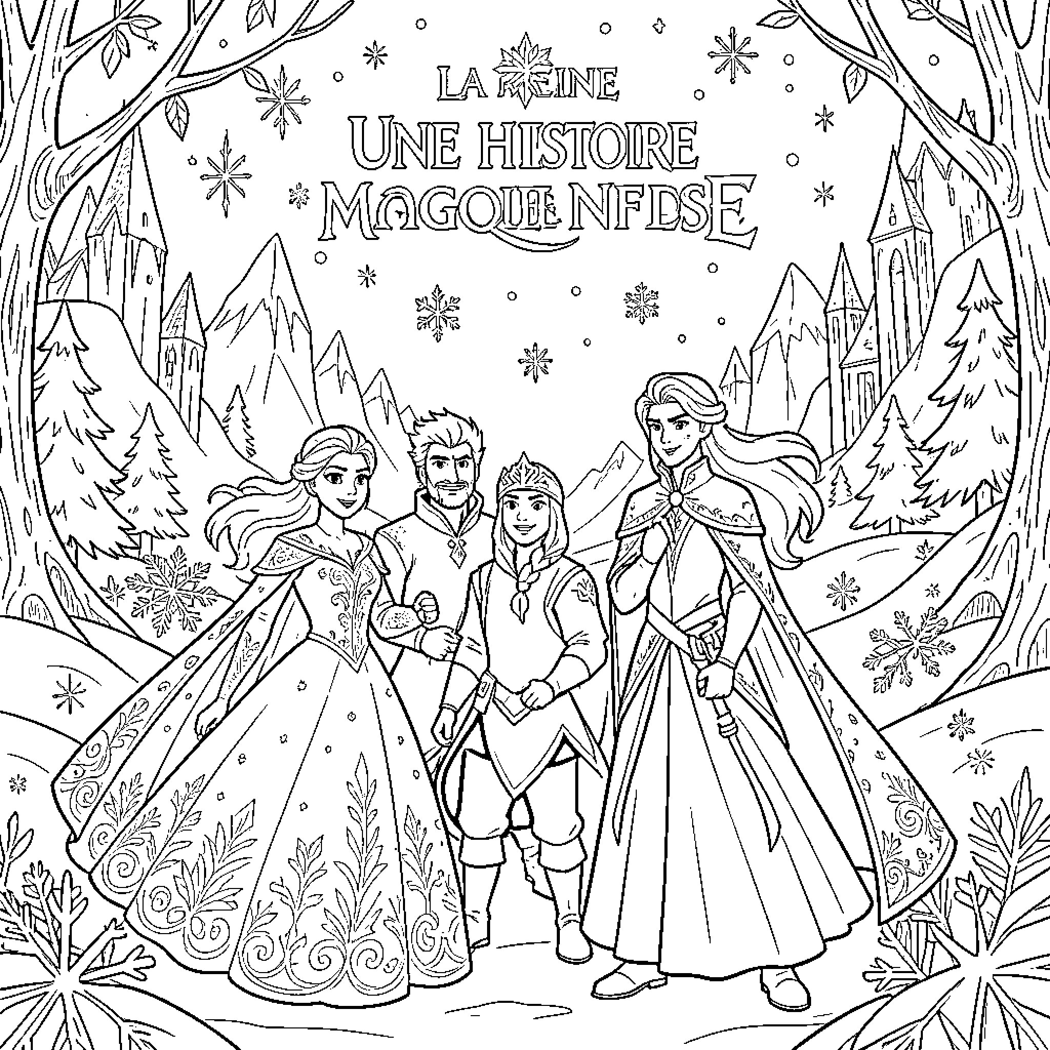 Snow Queen and royal family in a winter landscape Coloring Page (free black-and-white line drawing printable PDF for all, from beginners to advanced learners, including children, teens, adults, and seniors)
