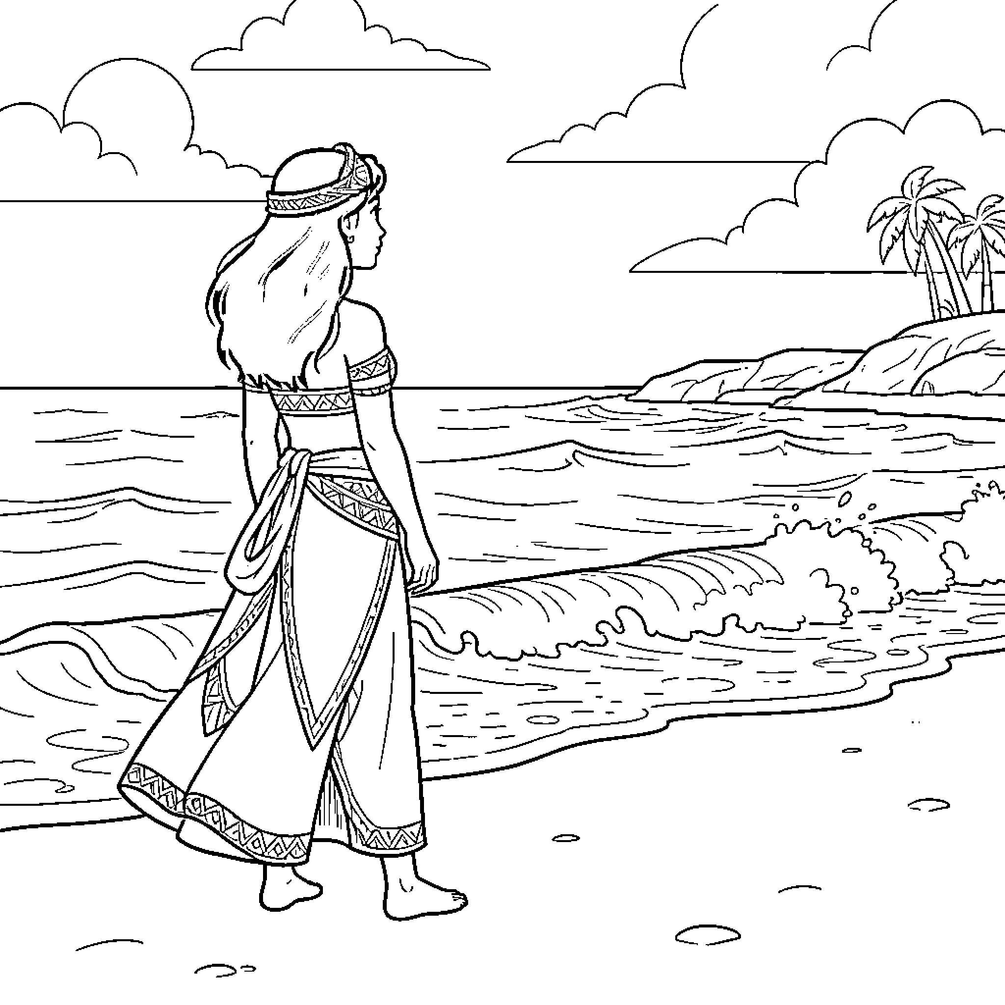 Moana standing on a beach looking at the ocean Coloring Page (free black-and-white line drawing printable PDF for all, from beginners to advanced learners, including children, teens, adults, and seniors)
