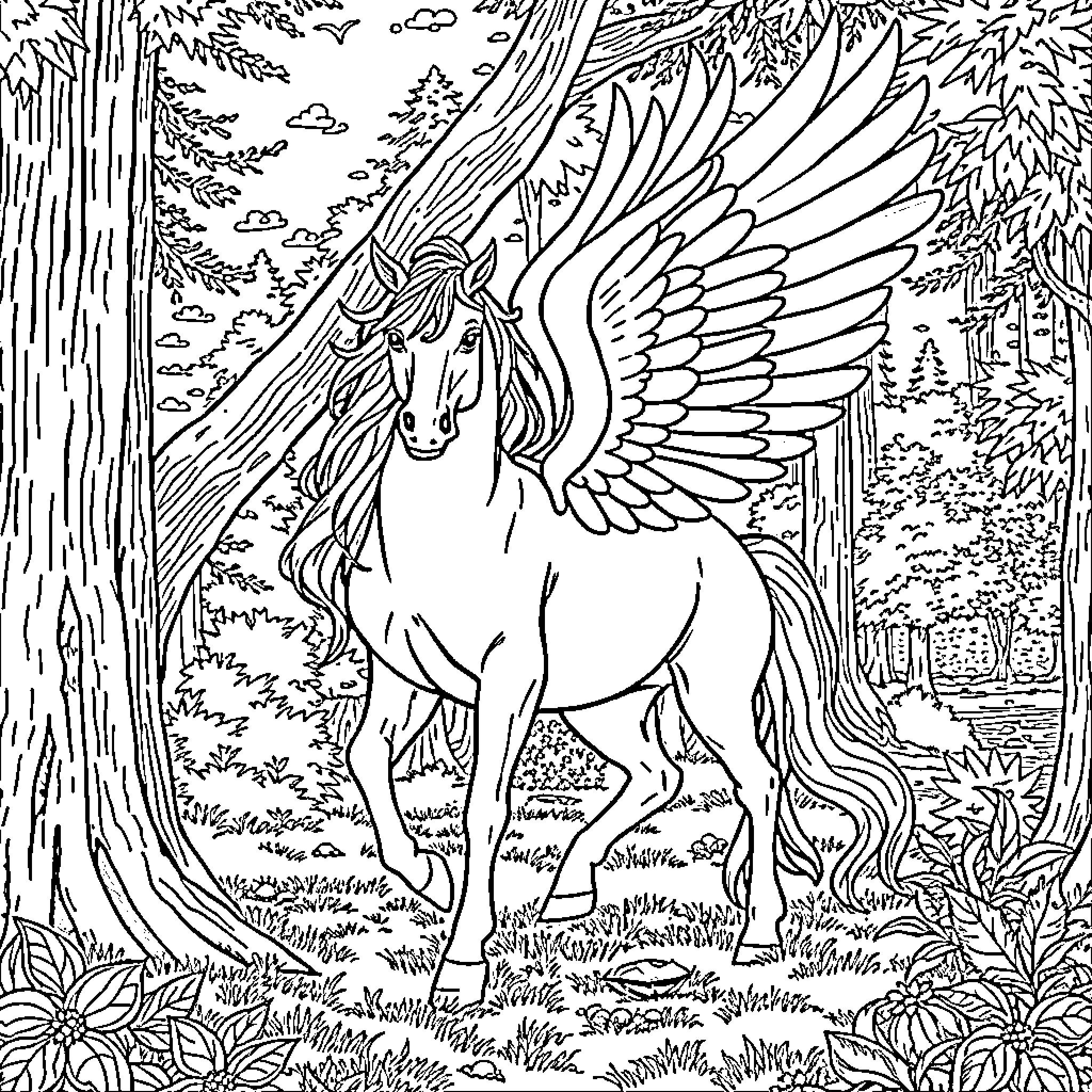 Pegasus soaring through the enchanted forest Coloring Page (free black-and-white line drawing printable PDF for all, from beginners to advanced learners, including children, teens, adults, and seniors)