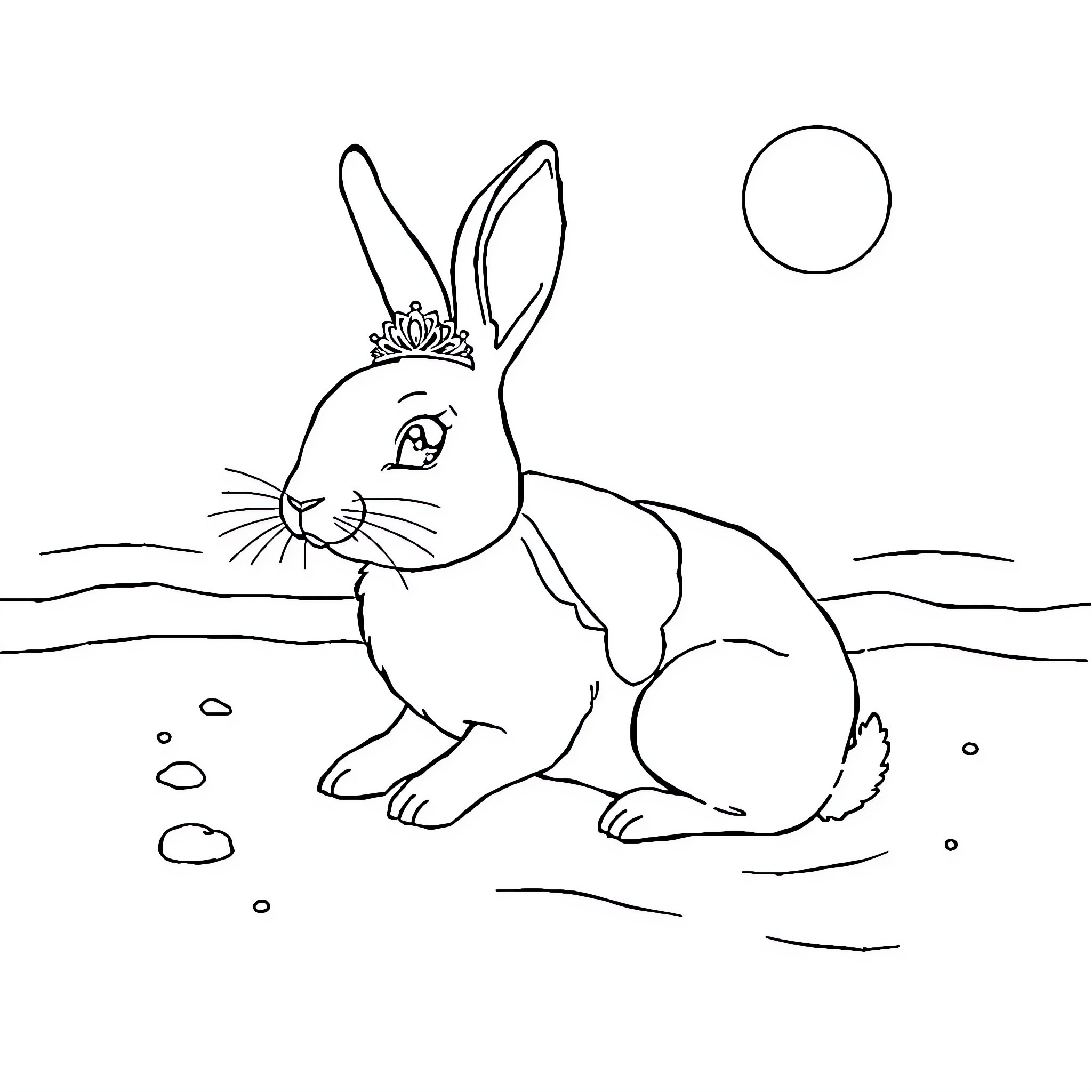 Rabbit with crown in the moonlit night Coloring Page (free black-and-white line drawing printable PDF for all, from beginners to advanced learners, including children, teens, adults, and seniors)