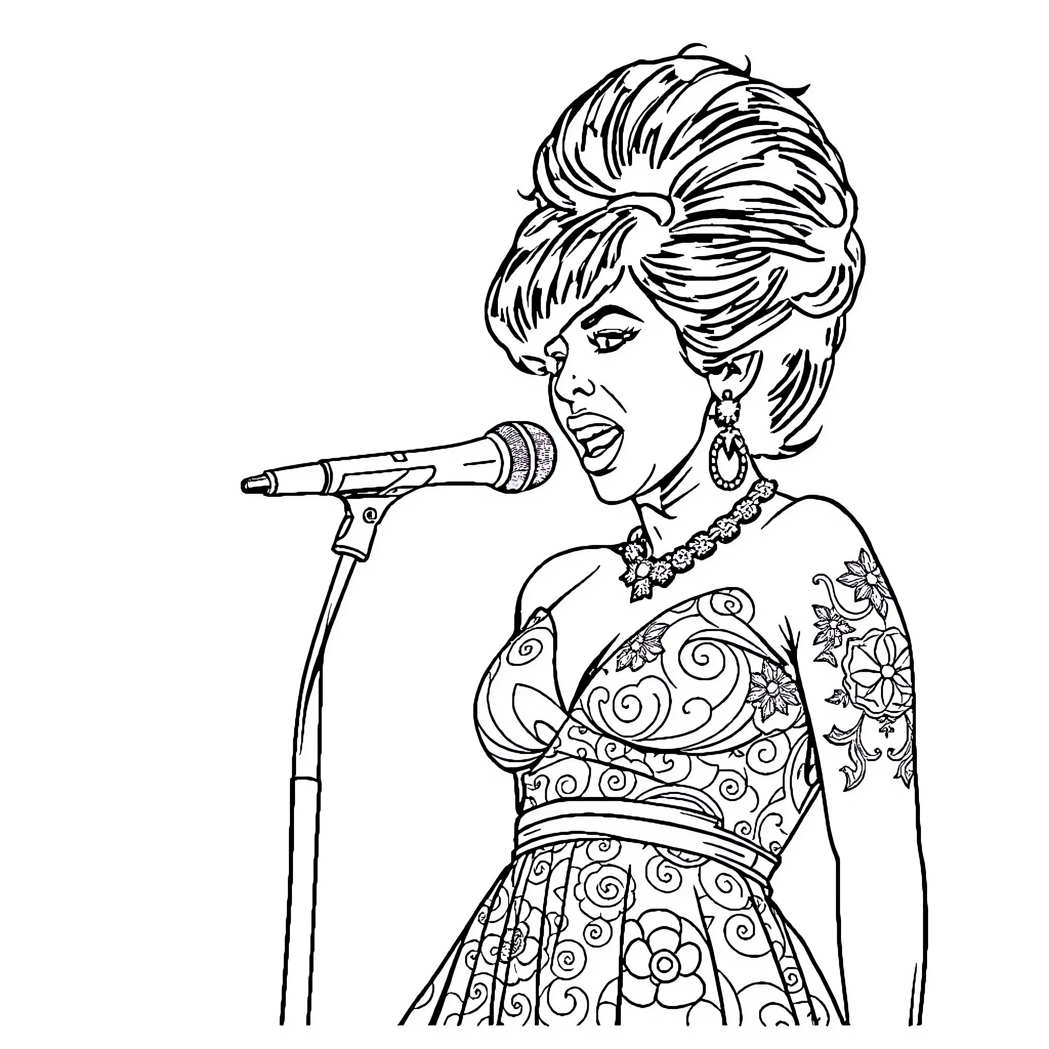 Amy Winehouse Performing on Stage with Microphone Coloring Page (free black-and-white line drawing printable PDF for all, from beginners to advanced learners, including children, teens, adults, and seniors)
