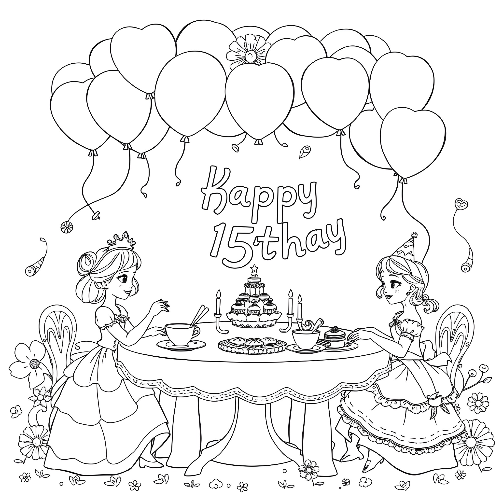 Princess Birthday Party with Balloons and Treats Coloring Page (free black-and-white line drawing printable PDF for all, from beginners to advanced learners, including children, teens, adults, and seniors)