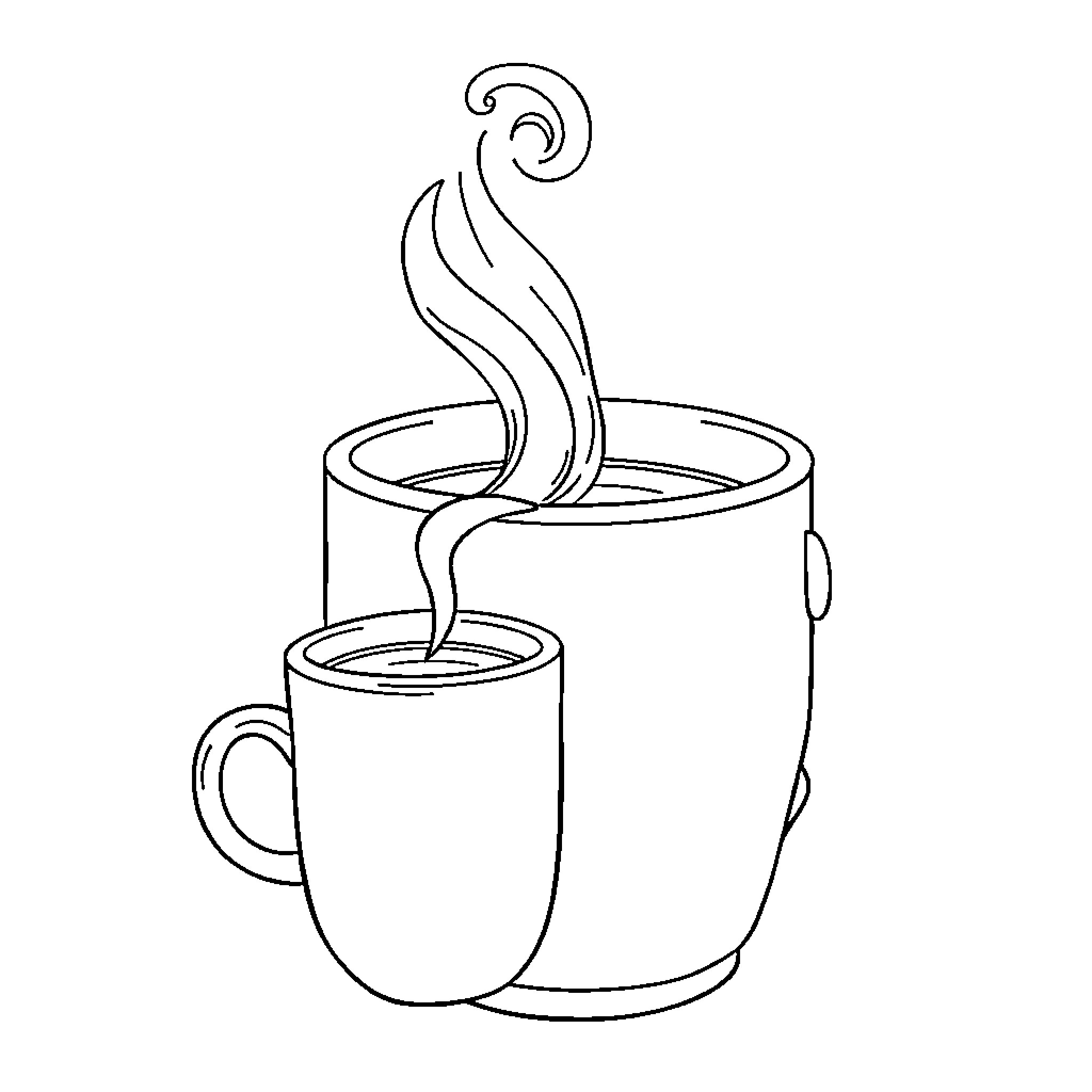 Coffee Mugs with Steaming Hot Drinks Coloring Page (free black-and-white line drawing printable PDF for all, from beginners to advanced learners, including children, teens, adults, and seniors)