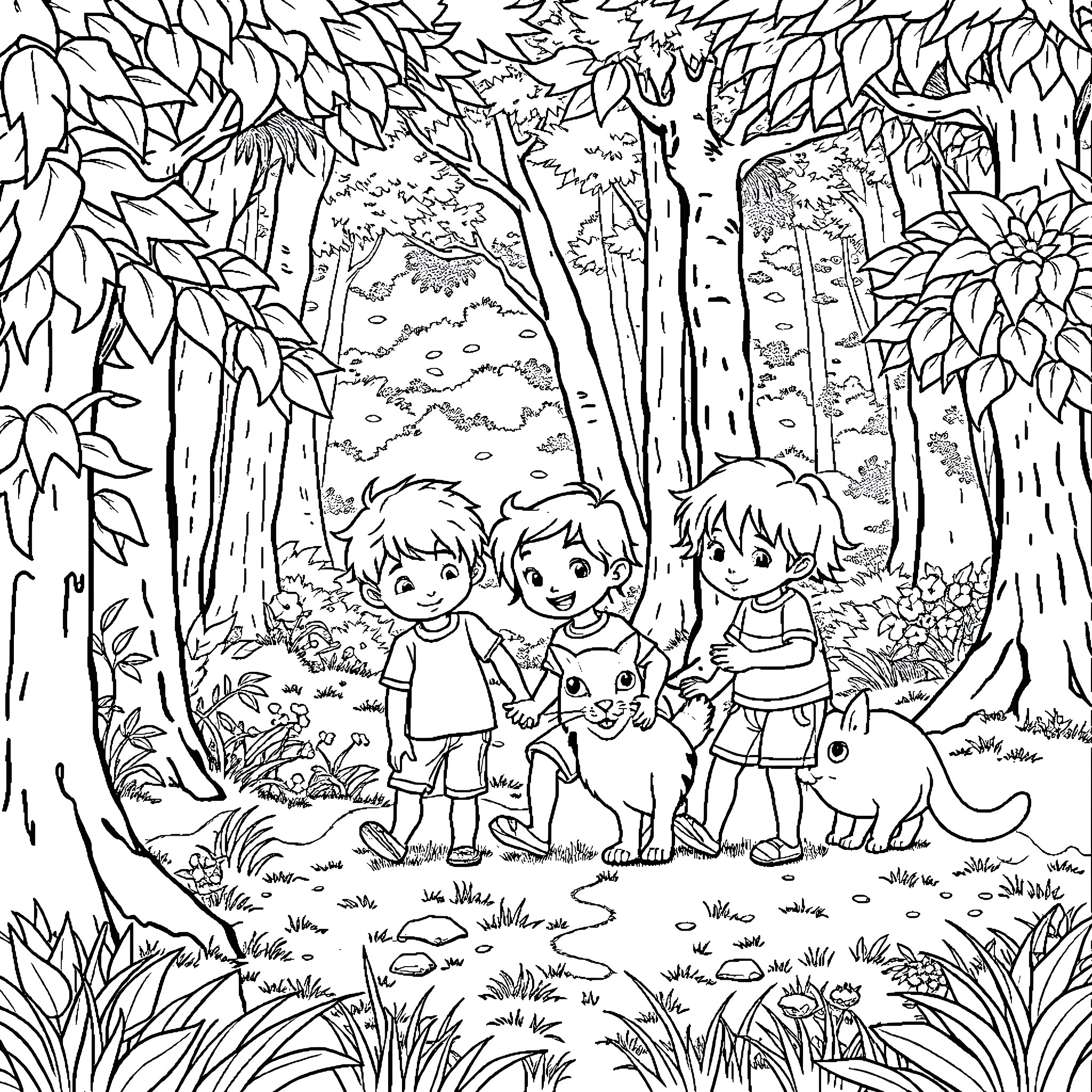 Child Friends Exploring Magical Forest Coloring Page (free black-and-white line drawing printable PDF for all, from beginners to advanced learners, including children, teens, adults, and seniors)