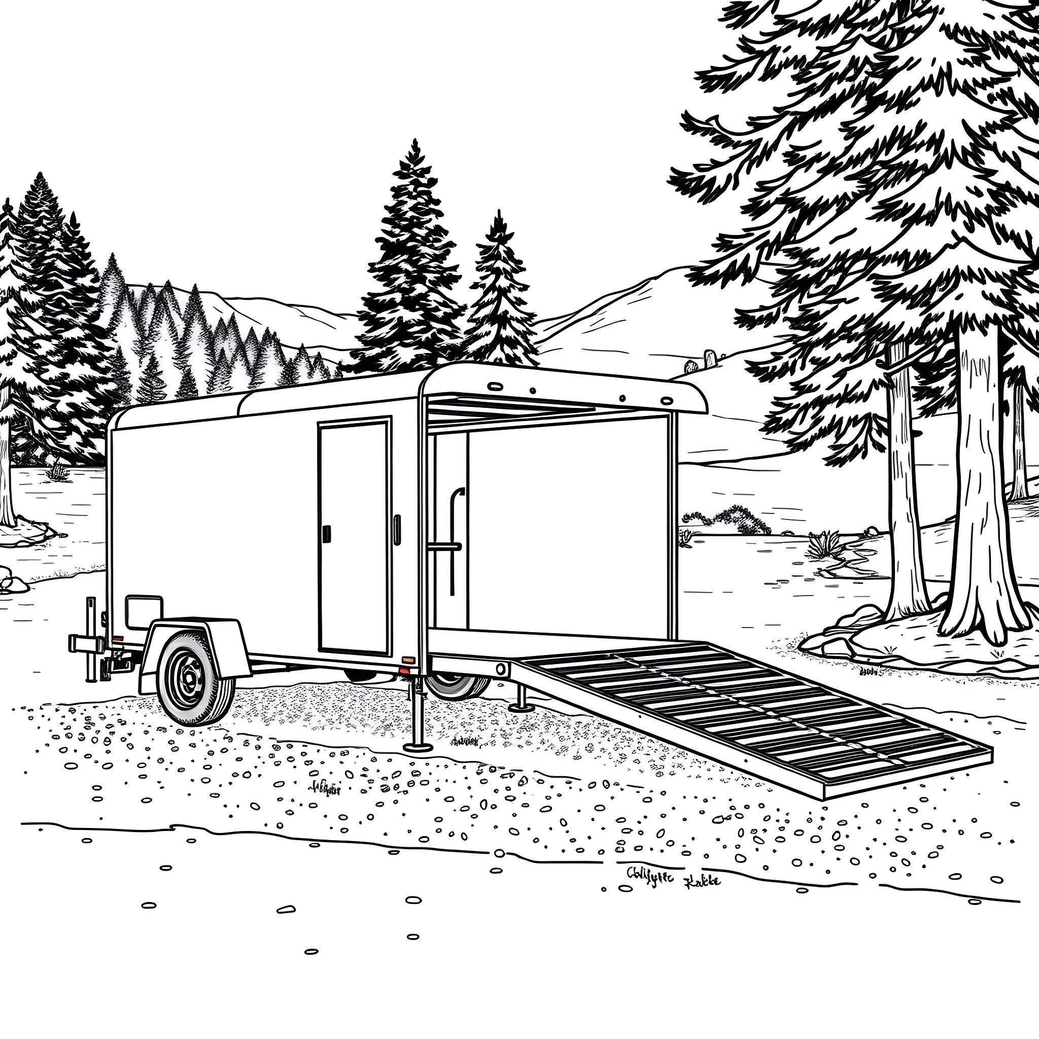 Car Trailer in Snowy Forest Landscape Coloring Page (free black-and-white line drawing printable PDF for all, from beginners to advanced learners, including children, teens, adults, and seniors)