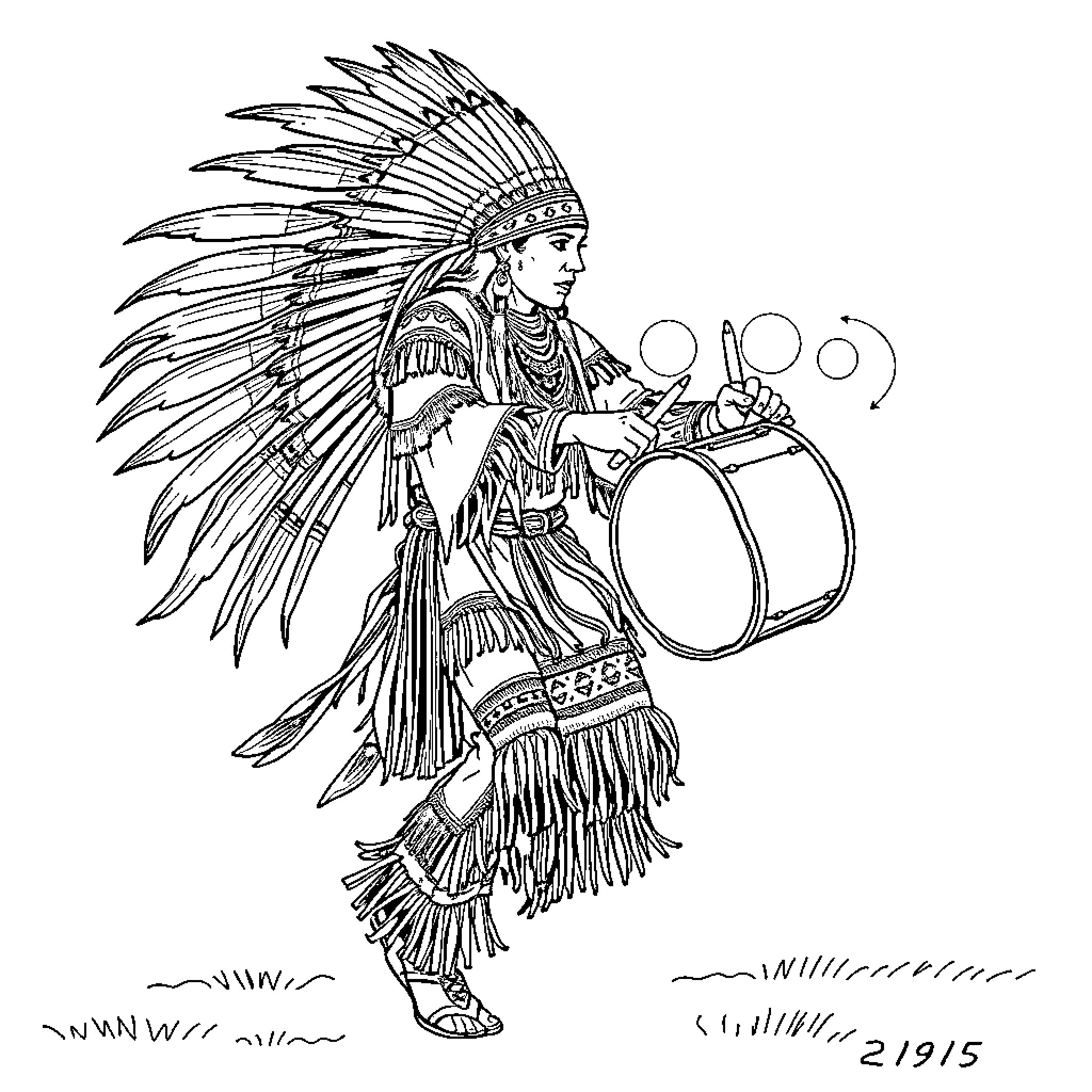 Dancer in traditional Native American regalia Coloring Page (free black-and-white line drawing printable PDF for all, from beginners to advanced learners, including children, teens, adults, and seniors)