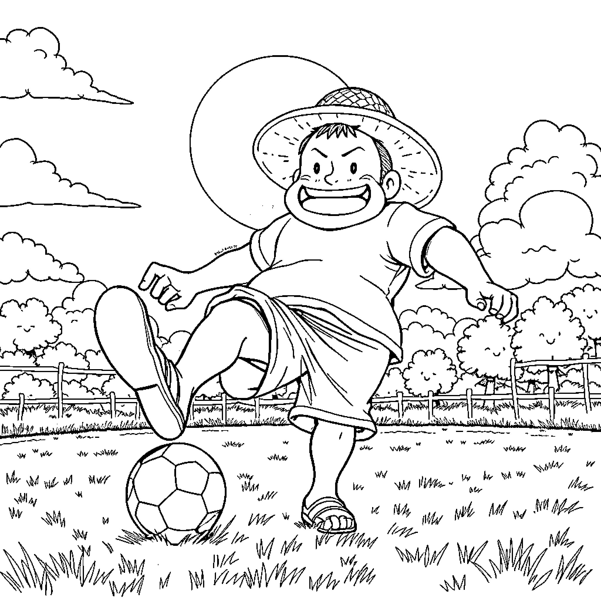 Jinbe playing soccer in a serene outdoor setting Coloring Page (free black-and-white line drawing printable PDF for all, from beginners to advanced learners, including children, teens, adults, and seniors)