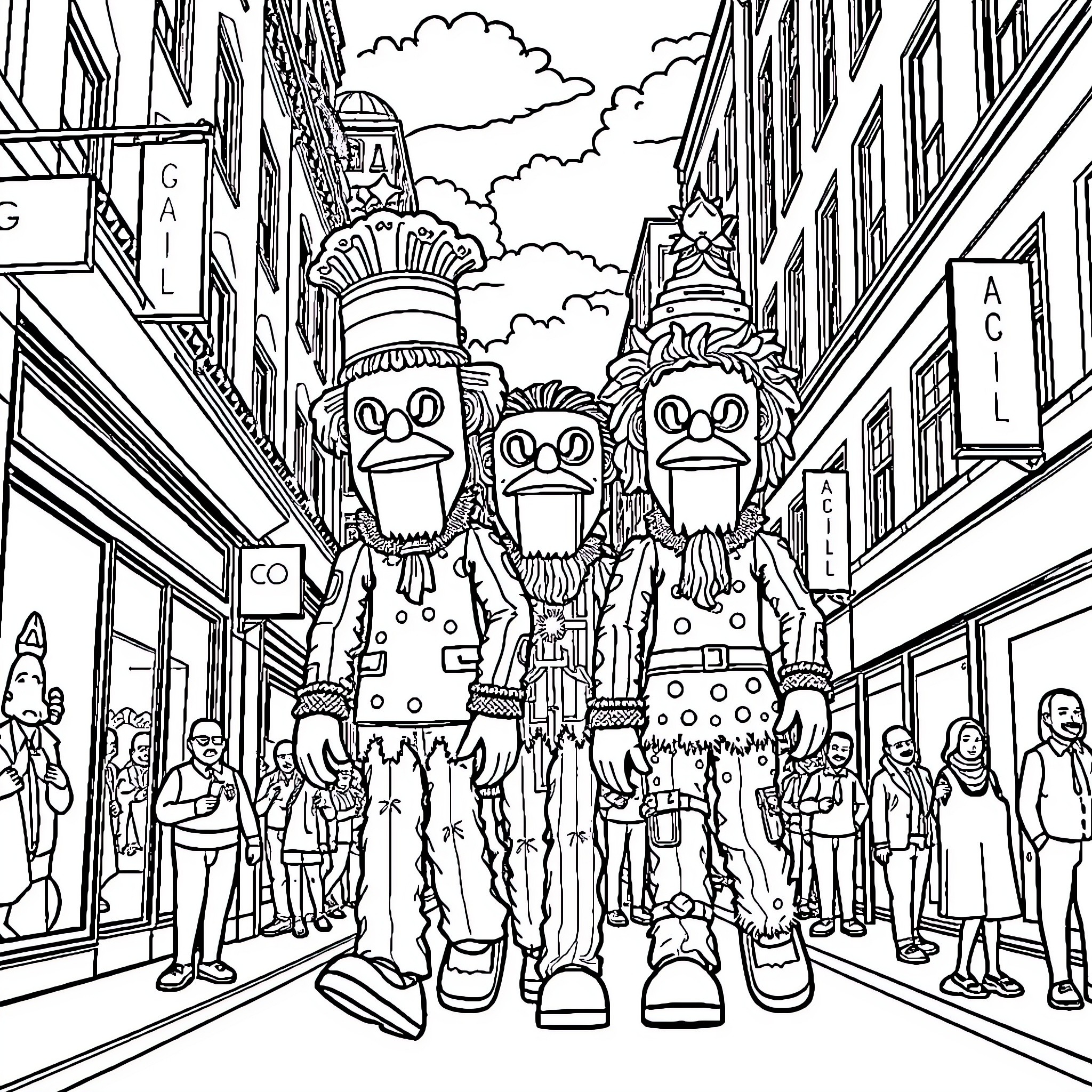Giant costumed characters parading through city streets Coloring Page (free black-and-white line drawing printable PDF for all, from beginners to advanced learners, including children, teens, adults, and seniors)