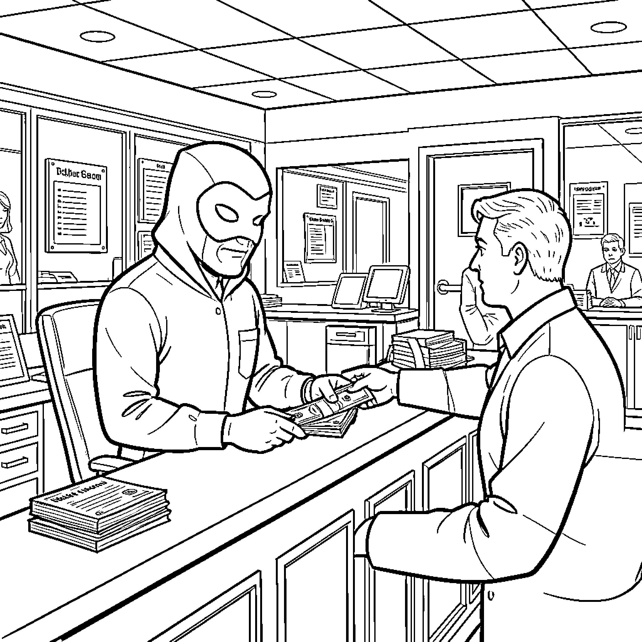 Hooded figure exchanging money at a service counter Coloring Page (free black-and-white line drawing printable PDF for all, from beginners to advanced learners, including children, teens, adults, and seniors)