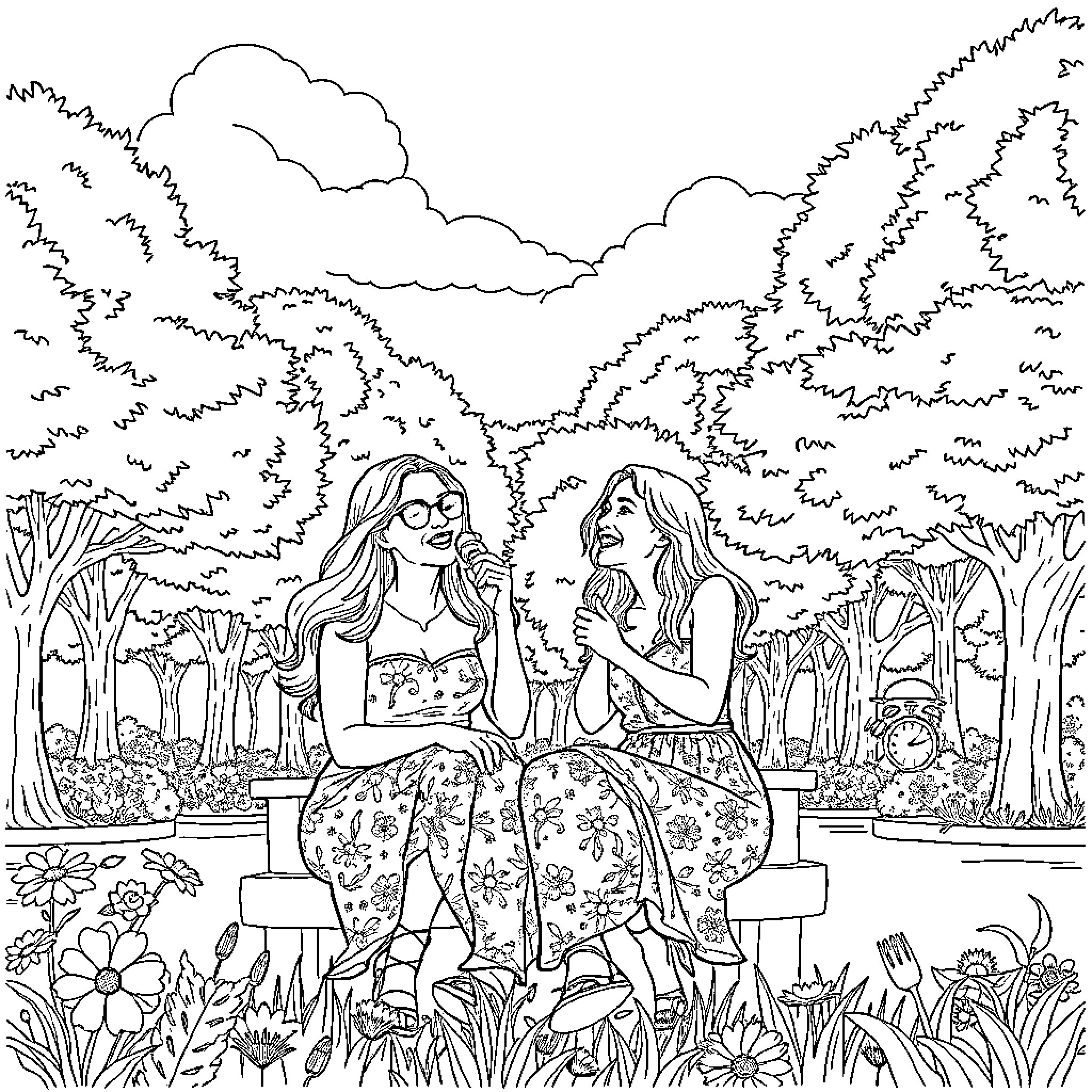 Sisters Enjoying Nature's Beauty Coloring Page (free black-and-white line drawing printable PDF for all, from beginners to advanced learners, including children, teens, adults, and seniors)