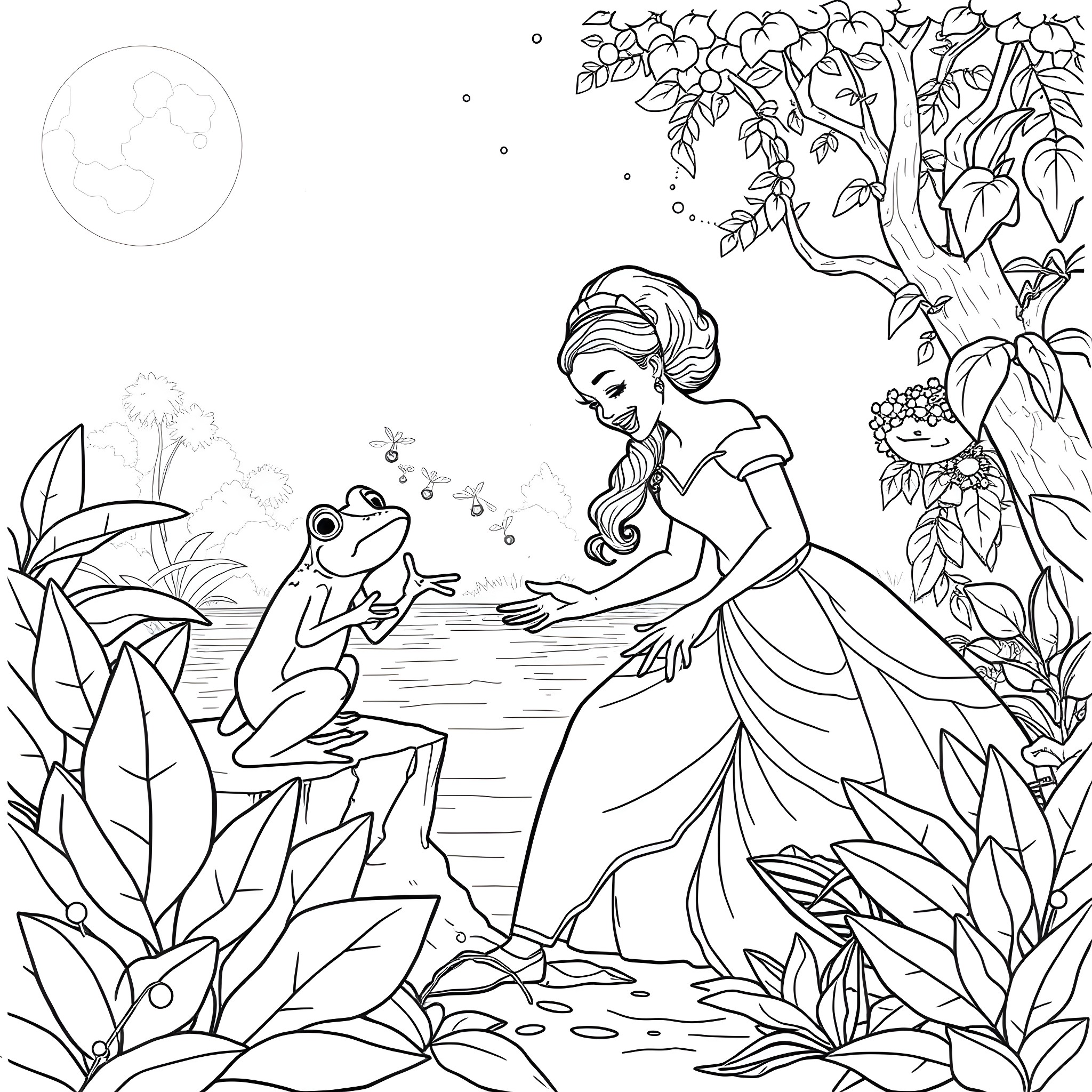 Princess interacting with cheerful frog in enchanted forest Coloring Page (free black-and-white line drawing printable PDF for all, from beginners to advanced learners, including children, teens, adults, and seniors)