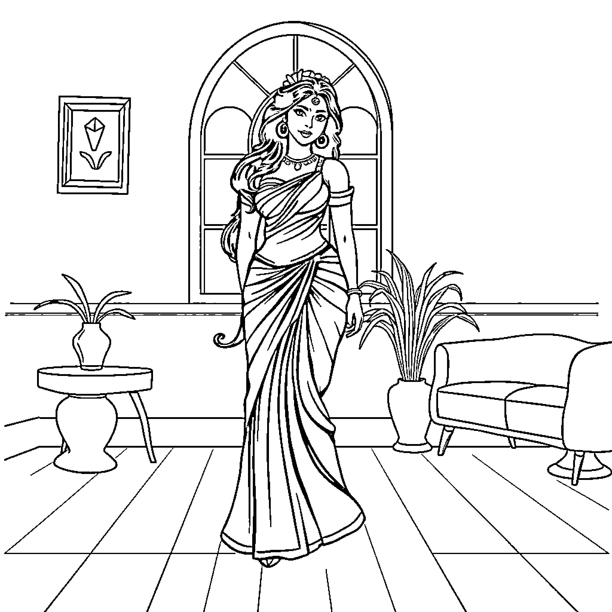 Jasmine in elegant traditional attire posing in a luxurious room Coloring Page (free black-and-white line drawing printable PDF for all, from beginners to advanced learners, including children, teens, adults, and seniors)