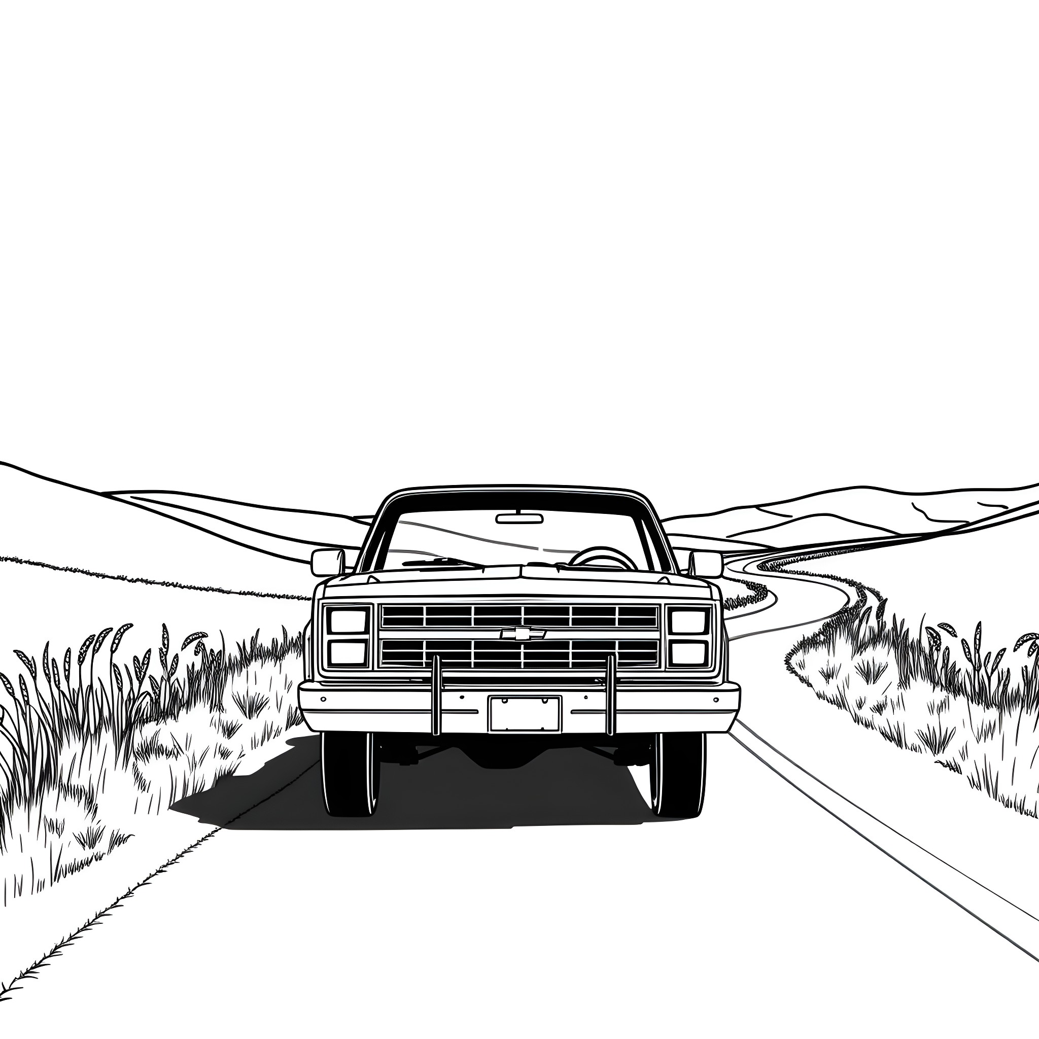 Chevy Truck on Scenic Country Road Coloring Page (free black-and-white line drawing printable PDF for all, from beginners to advanced learners, including children, teens, adults, and seniors)