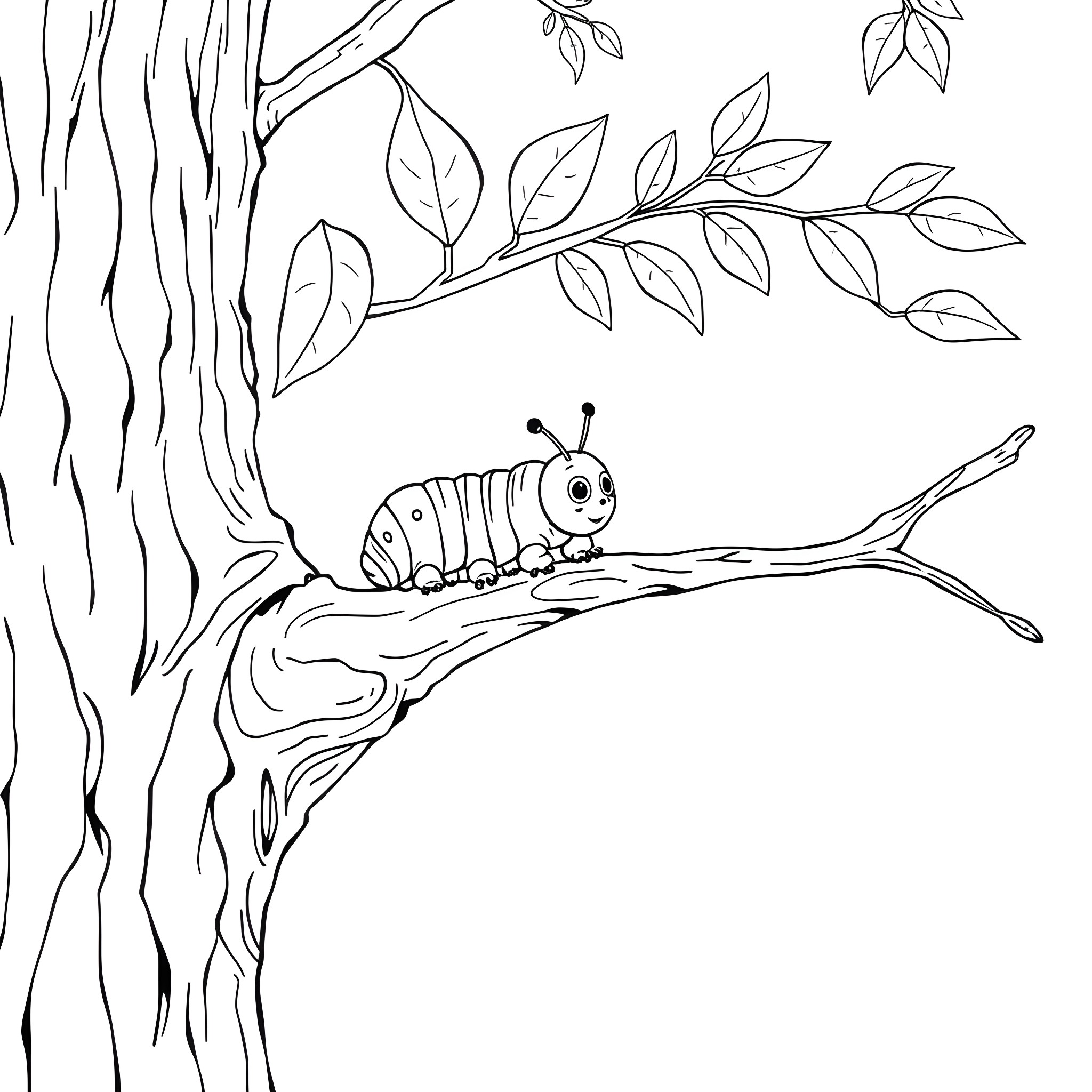 Caterpillar exploring the nature's wonders Coloring Page (free black-and-white line drawing printable PDF for all, from beginners to advanced learners, including children, teens, adults, and seniors)