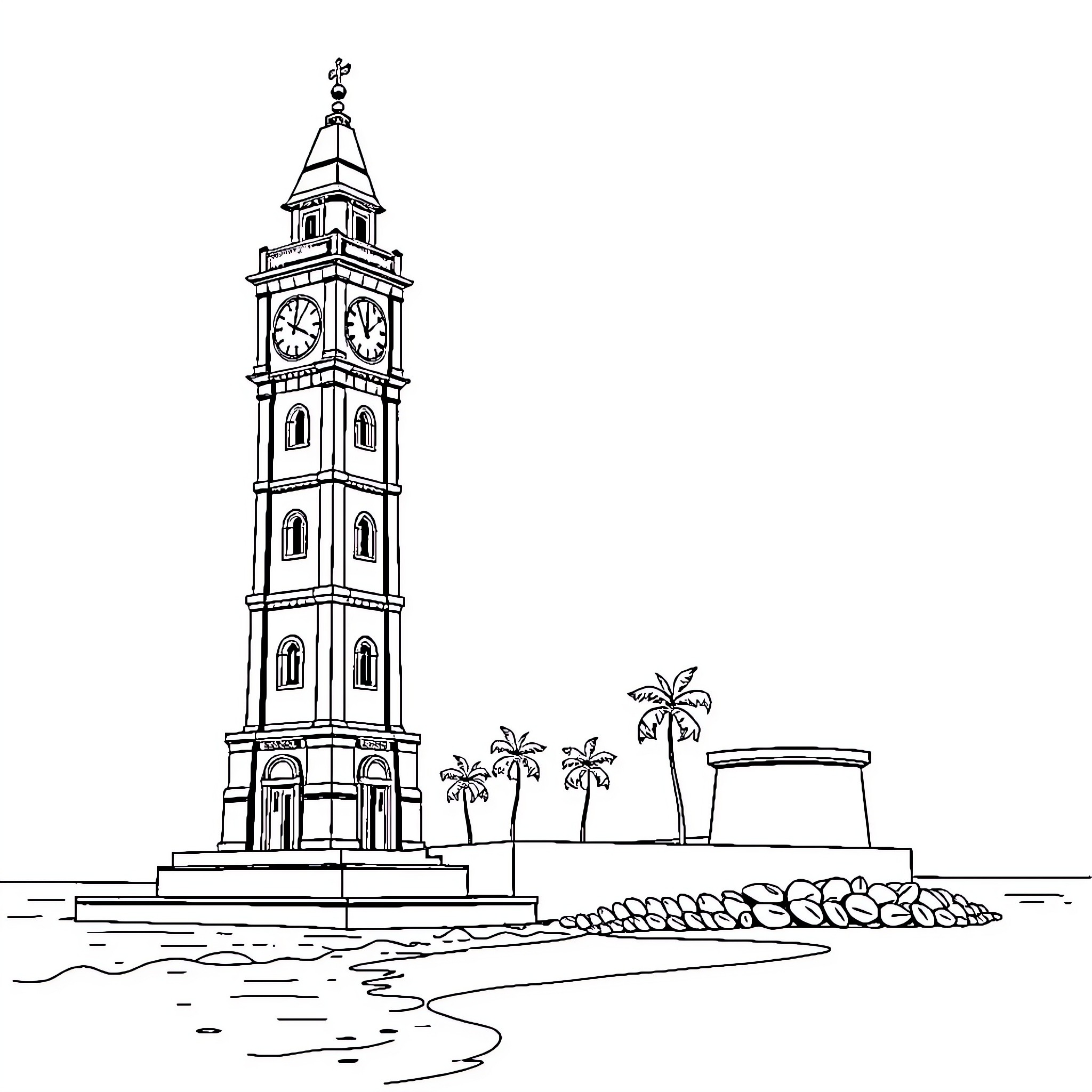 Clock Tower in Coastal Setting Coloring Page (free black-and-white line drawing printable PDF for all, from beginners to advanced learners, including children, teens, adults, and seniors)