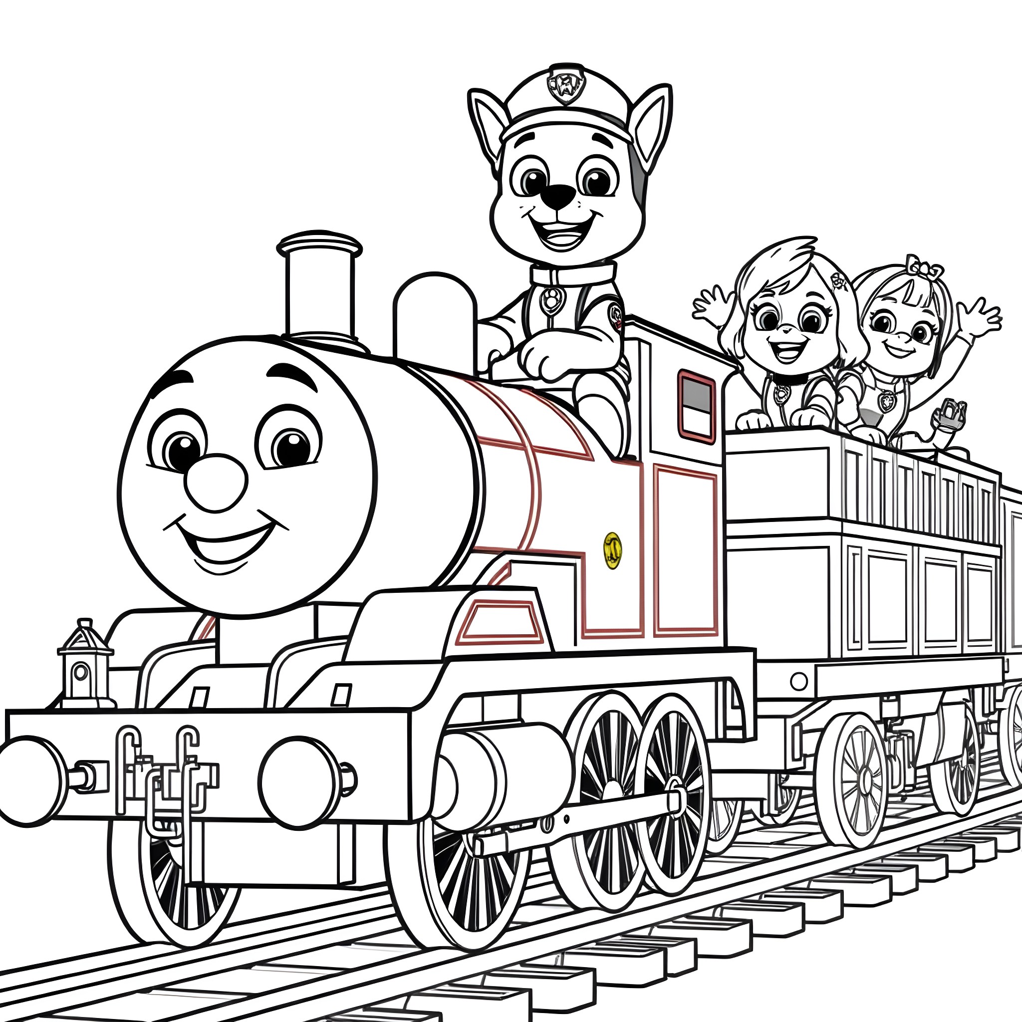 Marshall and friends on a joyful train ride Coloring Page (free black-and-white line drawing printable PDF for all, from beginners to advanced learners, including children, teens, adults, and seniors)
