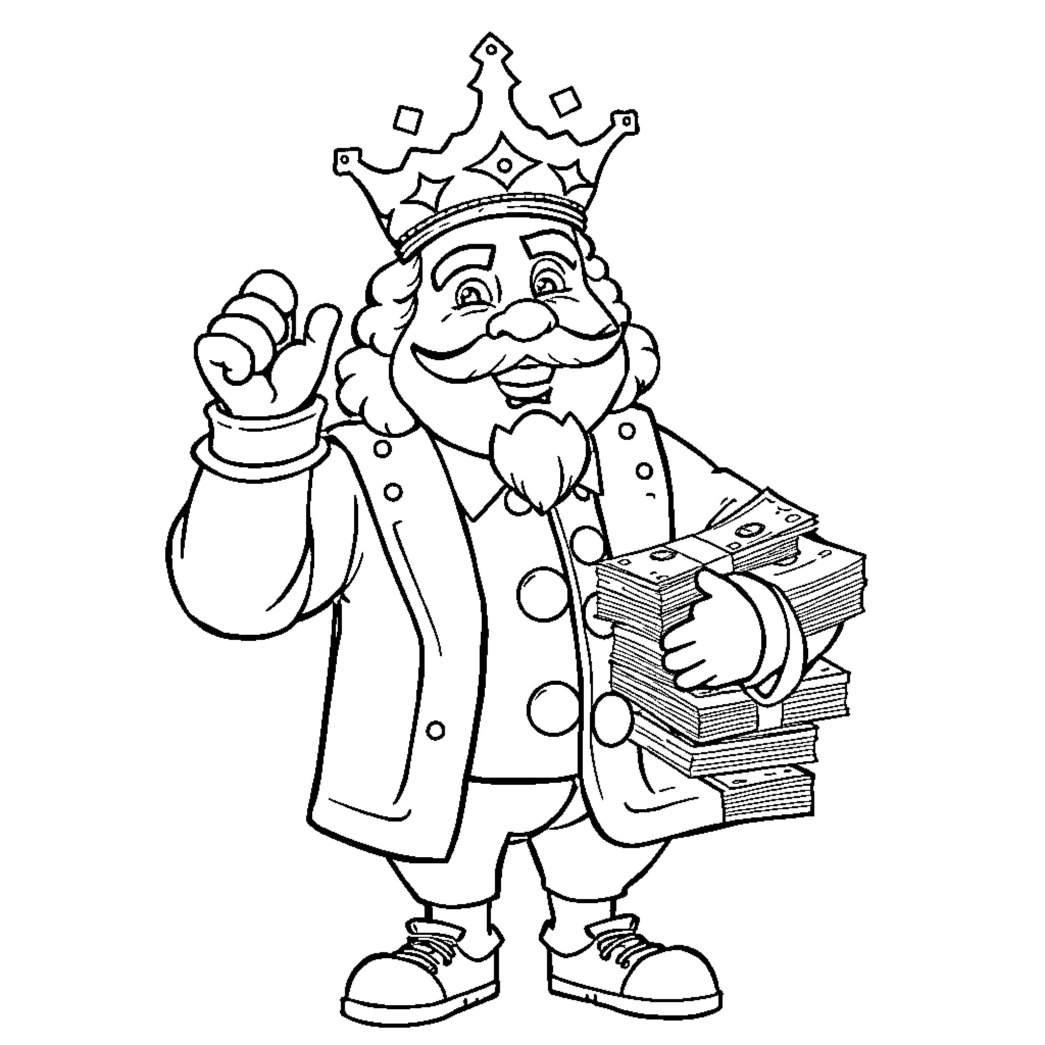 Burger King mascot with crown and money Coloring Page (free black-and-white line drawing printable PDF for all, from beginners to advanced learners, including children, teens, adults, and seniors)