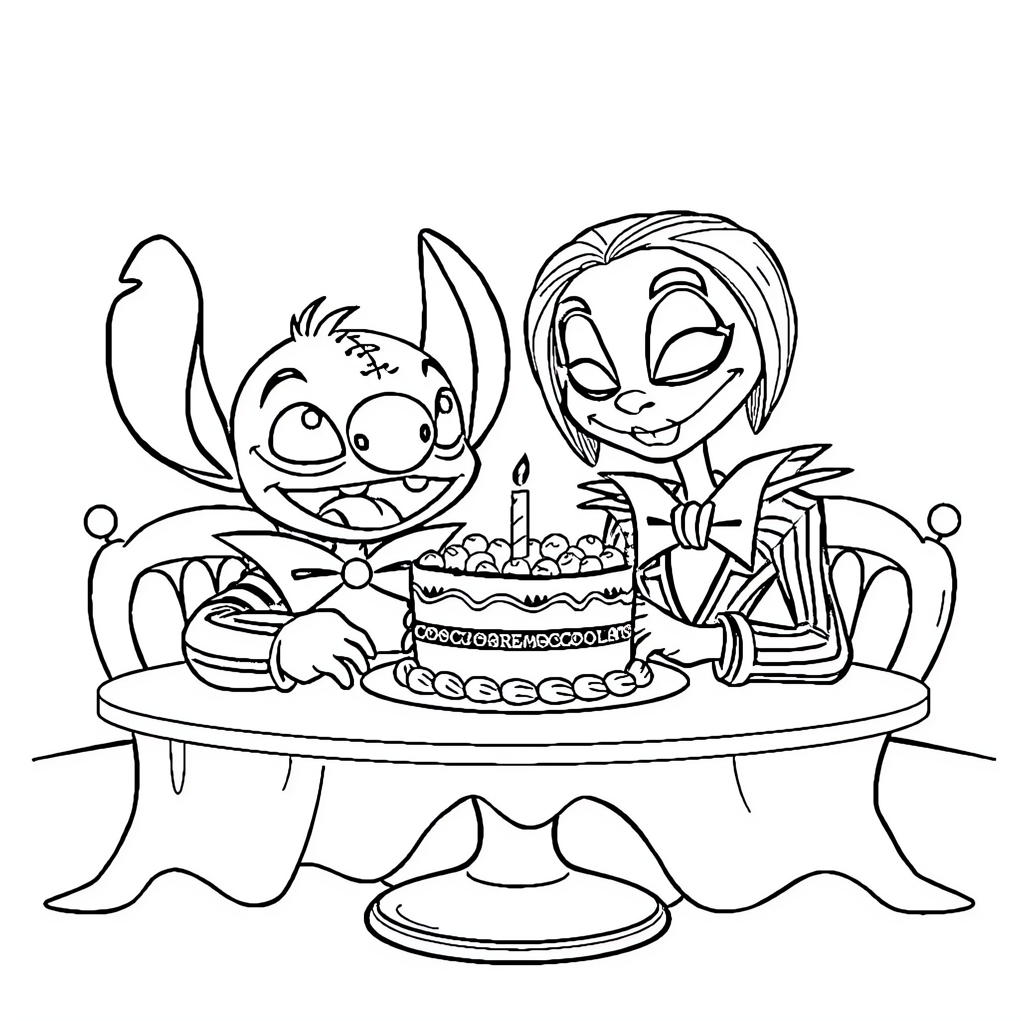 Stitch and Lilo Celebrating with Birthday Cake Coloring Page (free black-and-white line drawing printable PDF for all, from beginners to advanced learners, including children, teens, adults, and seniors)
