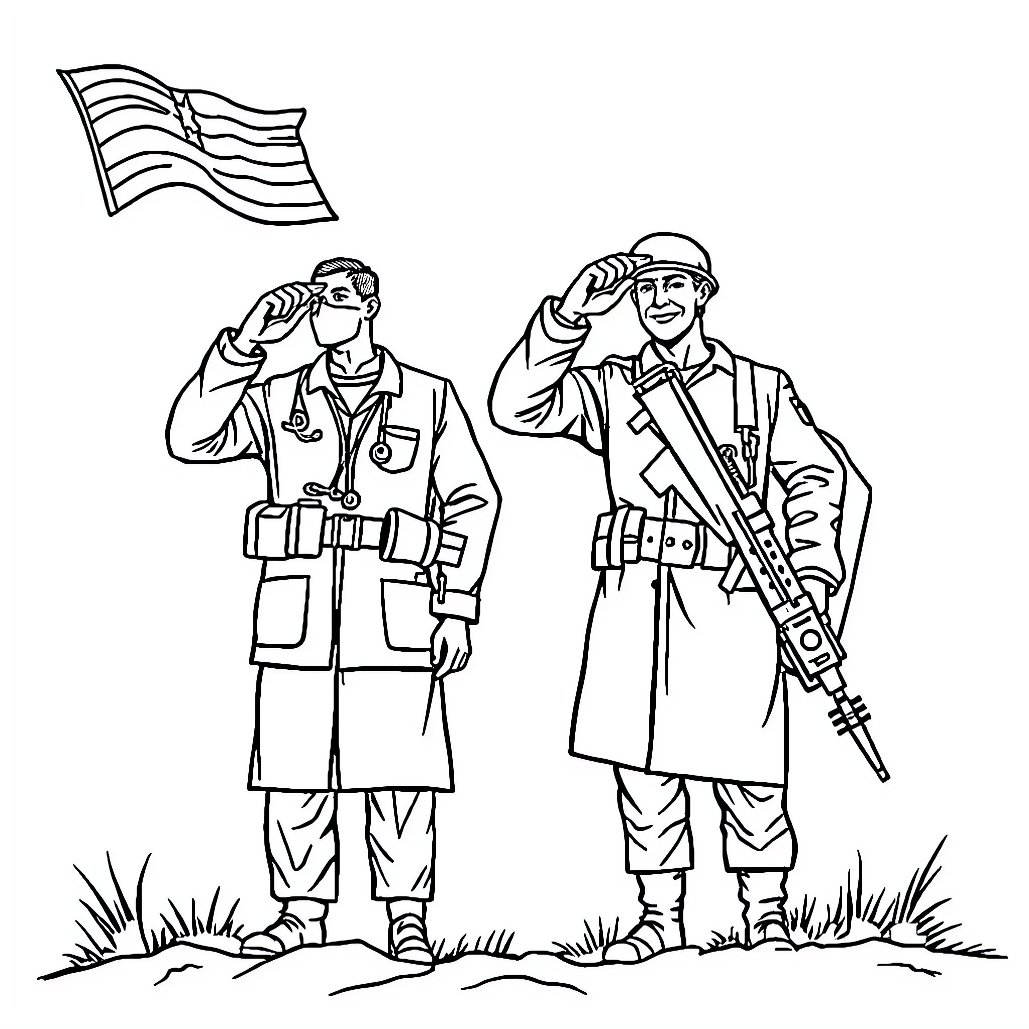 Doctor Soldiers Saluting with American Flag Coloring Page (free black-and-white line drawing printable PDF for all, from beginners to advanced learners, including children, teens, adults, and seniors)
