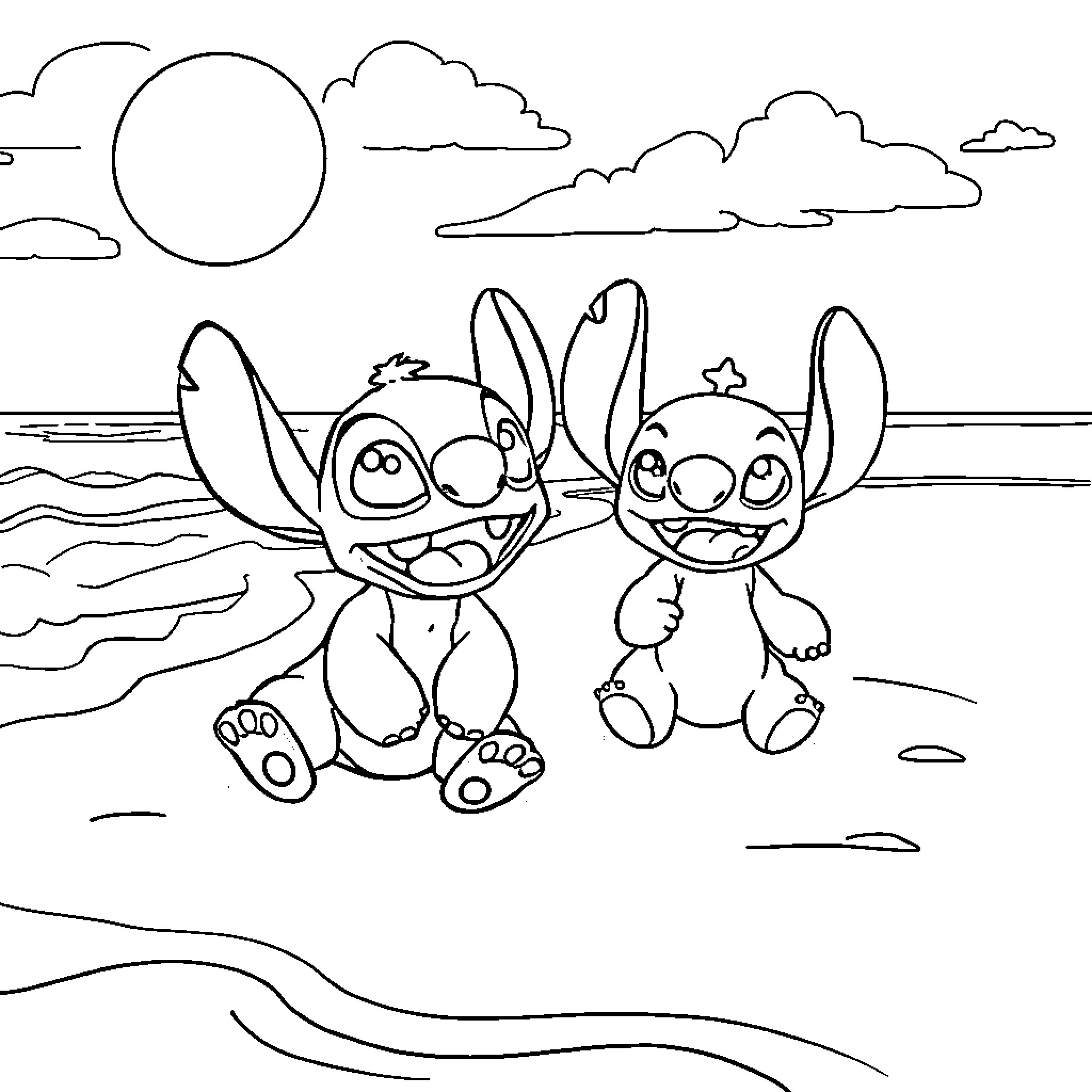 Bluey and Stitch's Beachside Adventure Coloring Page (free black-and-white line drawing printable PDF for all, from beginners to advanced learners, including children, teens, adults, and seniors)