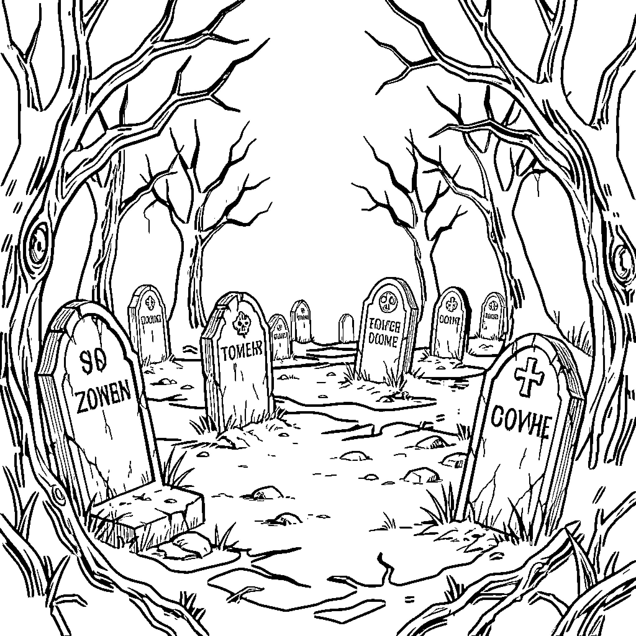Zombie graveyard scene with ancient tombstones and bare trees Coloring Page (free black-and-white line drawing printable PDF for all, from beginners to advanced learners, including children, teens, adults, and seniors)