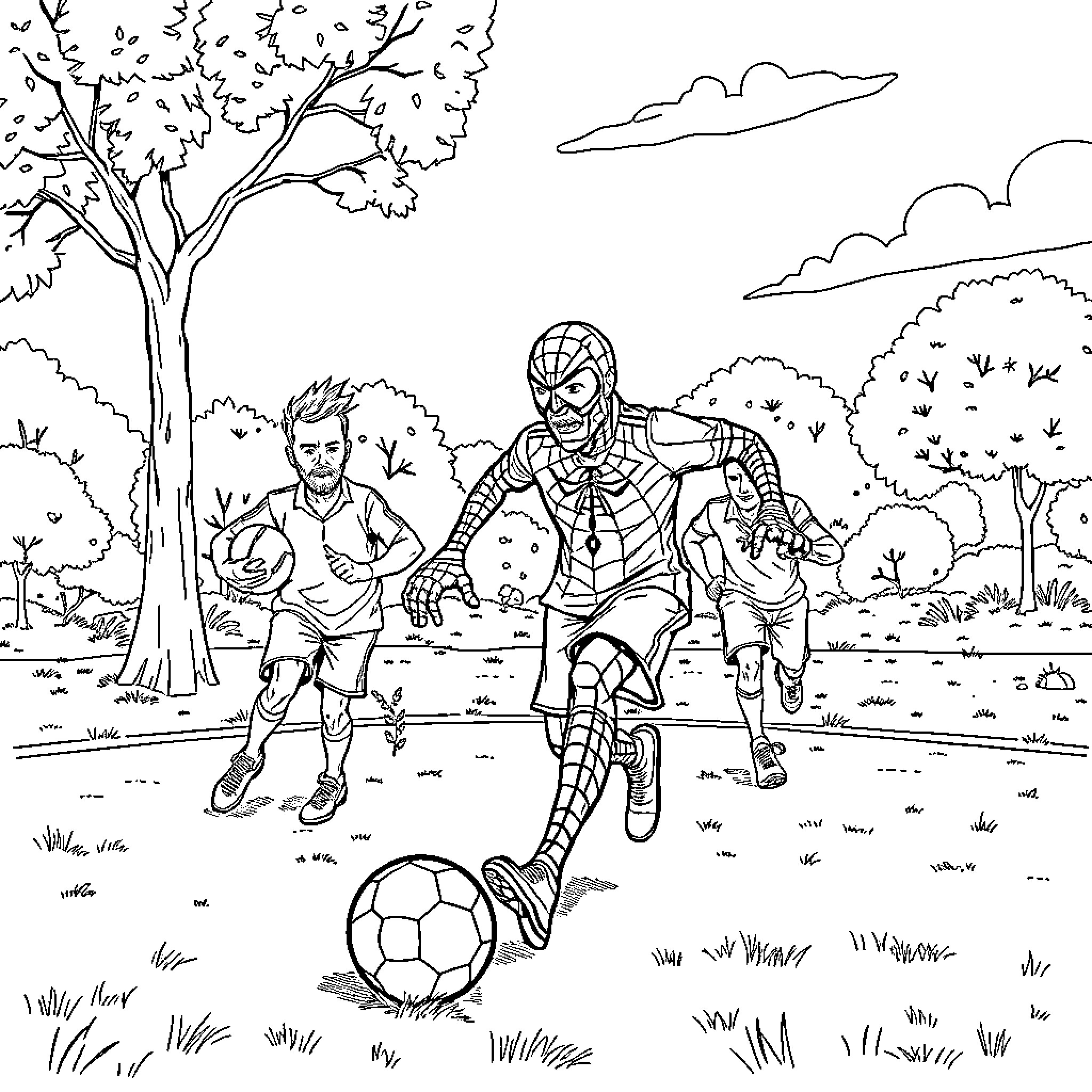 Spider-Man playing soccer with a young friend Coloring Page (free black-and-white line drawing printable PDF for all, from beginners to advanced learners, including children, teens, adults, and seniors)