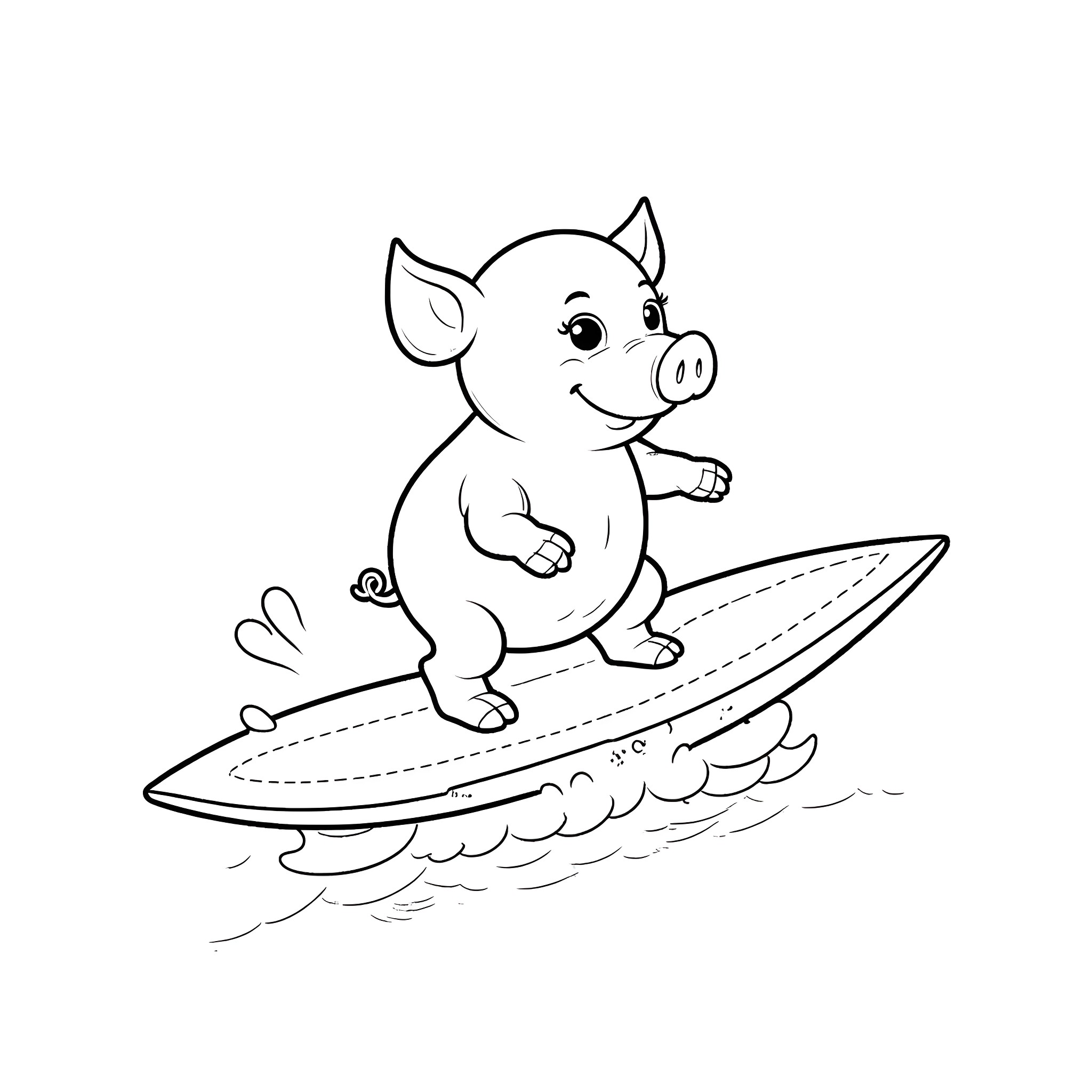 Pig Surfing on Wave Coloring Page (free black-and-white line drawing printable PDF for all, from beginners to advanced learners, including children, teens, adults, and seniors)