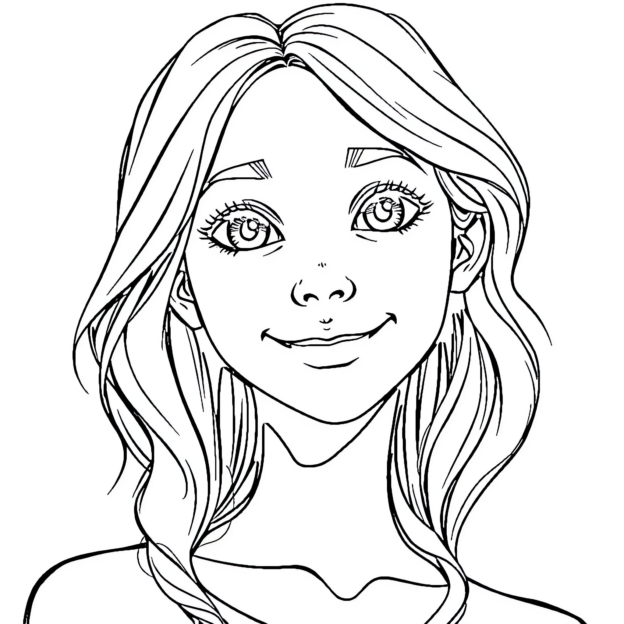 Woman with smiling expression and flowing hair Coloring Page (free black-and-white line drawing printable PDF for all, from beginners to advanced learners, including children, teens, adults, and seniors)
