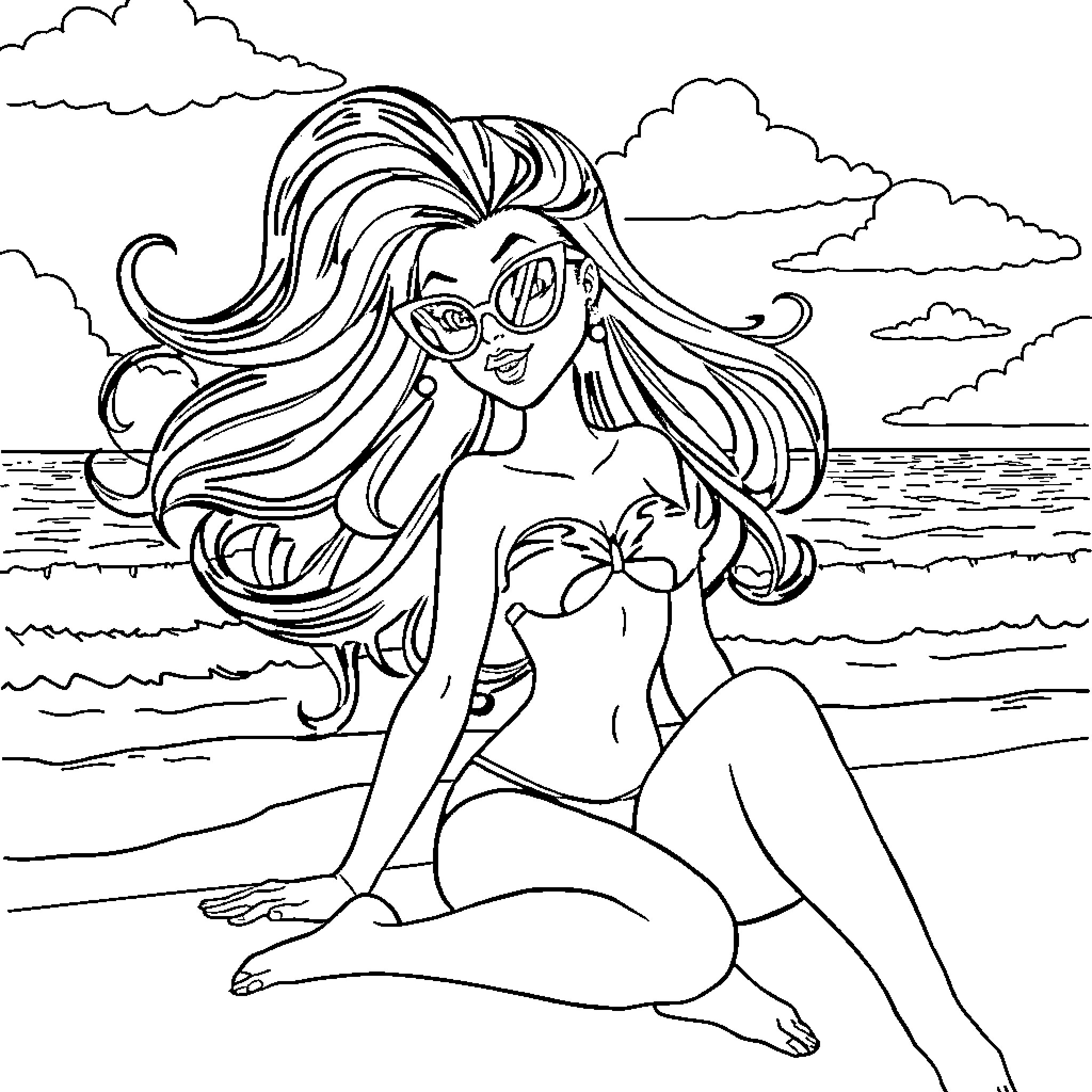 Draculaura enjoying a sunny day at the beach Coloring Page (free black-and-white line drawing printable PDF for all, from beginners to advanced learners, including children, teens, adults, and seniors)