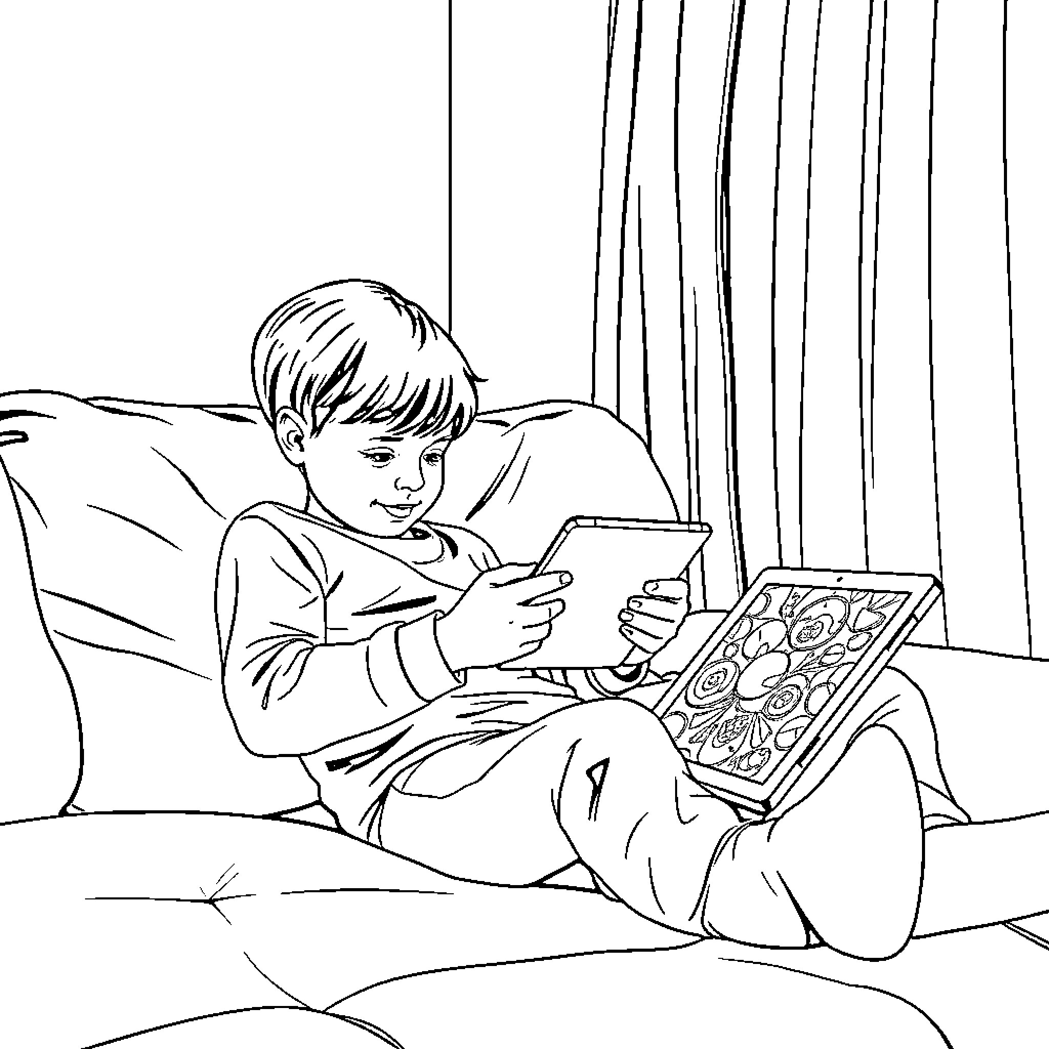 Kid intently playing on digital device in bedroom Coloring Page (free black-and-white line drawing printable PDF for all, from beginners to advanced learners, including children, teens, adults, and seniors)